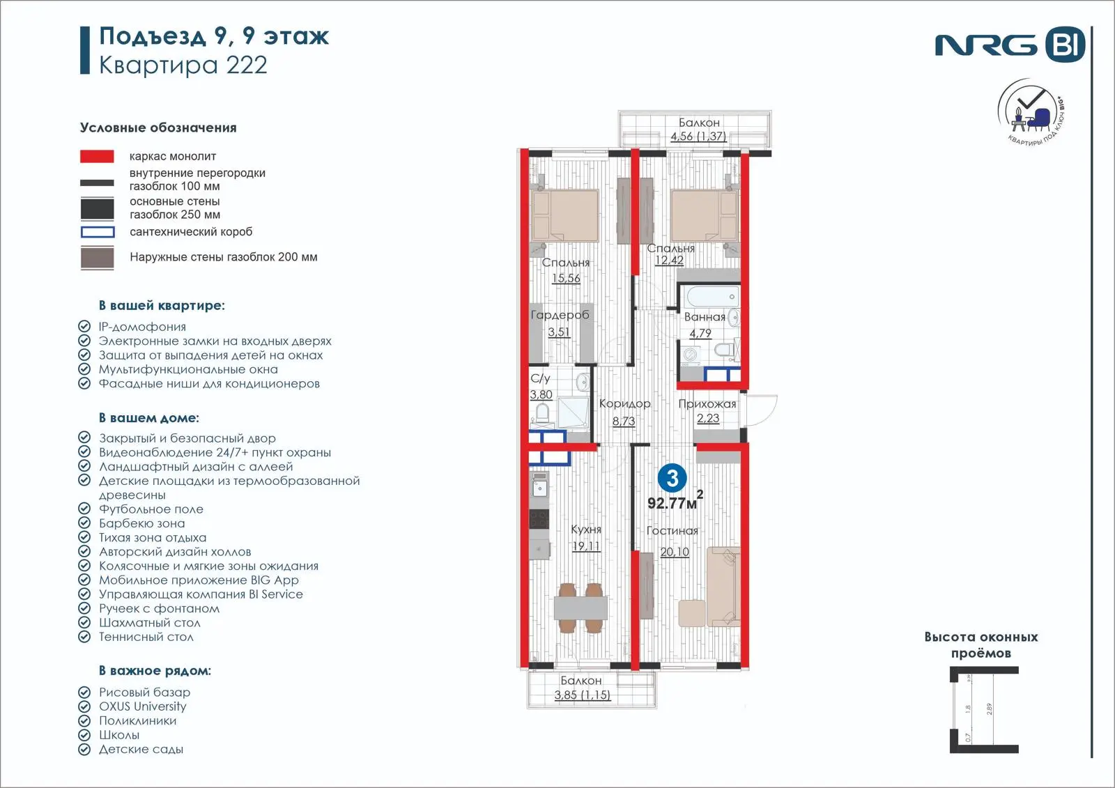 3-комнатная квартира, 92.8 м² — планировка