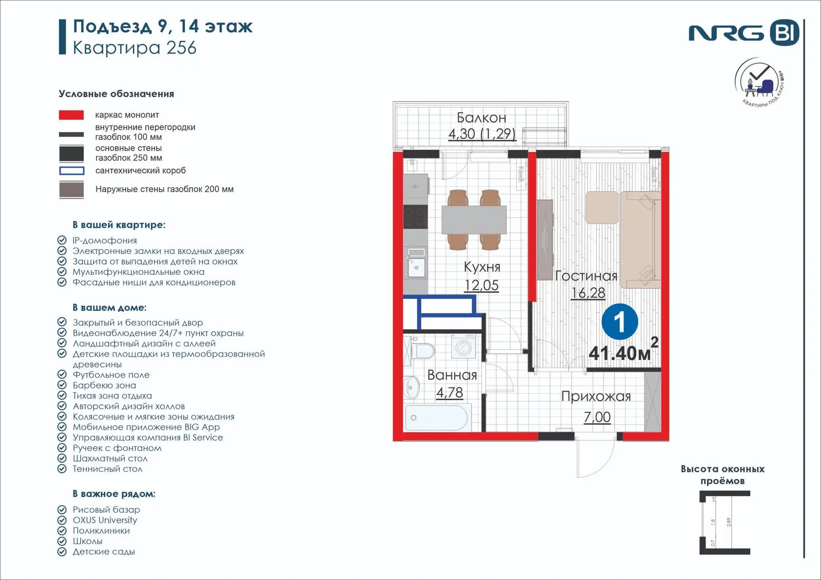 1-комнатная квартира, 41.4 м² — планировка