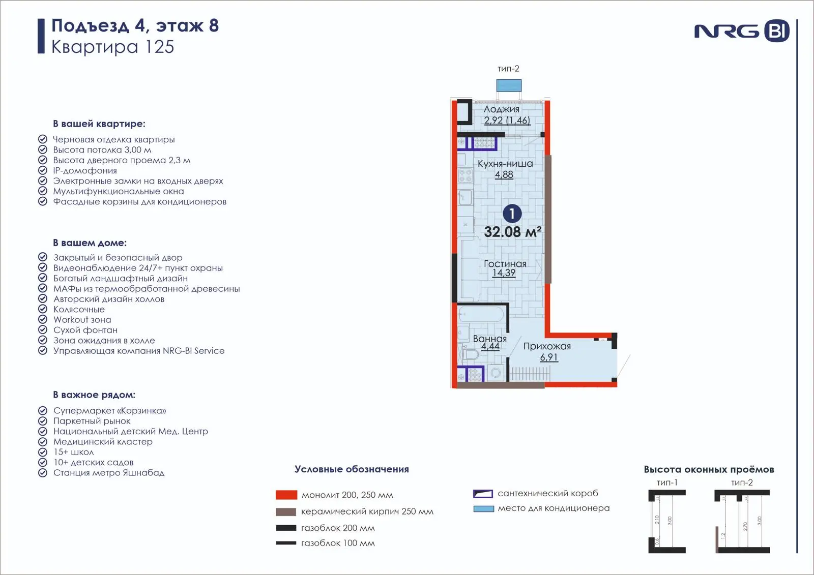 1 xonali kvartira, 32.1 m² — rejasi