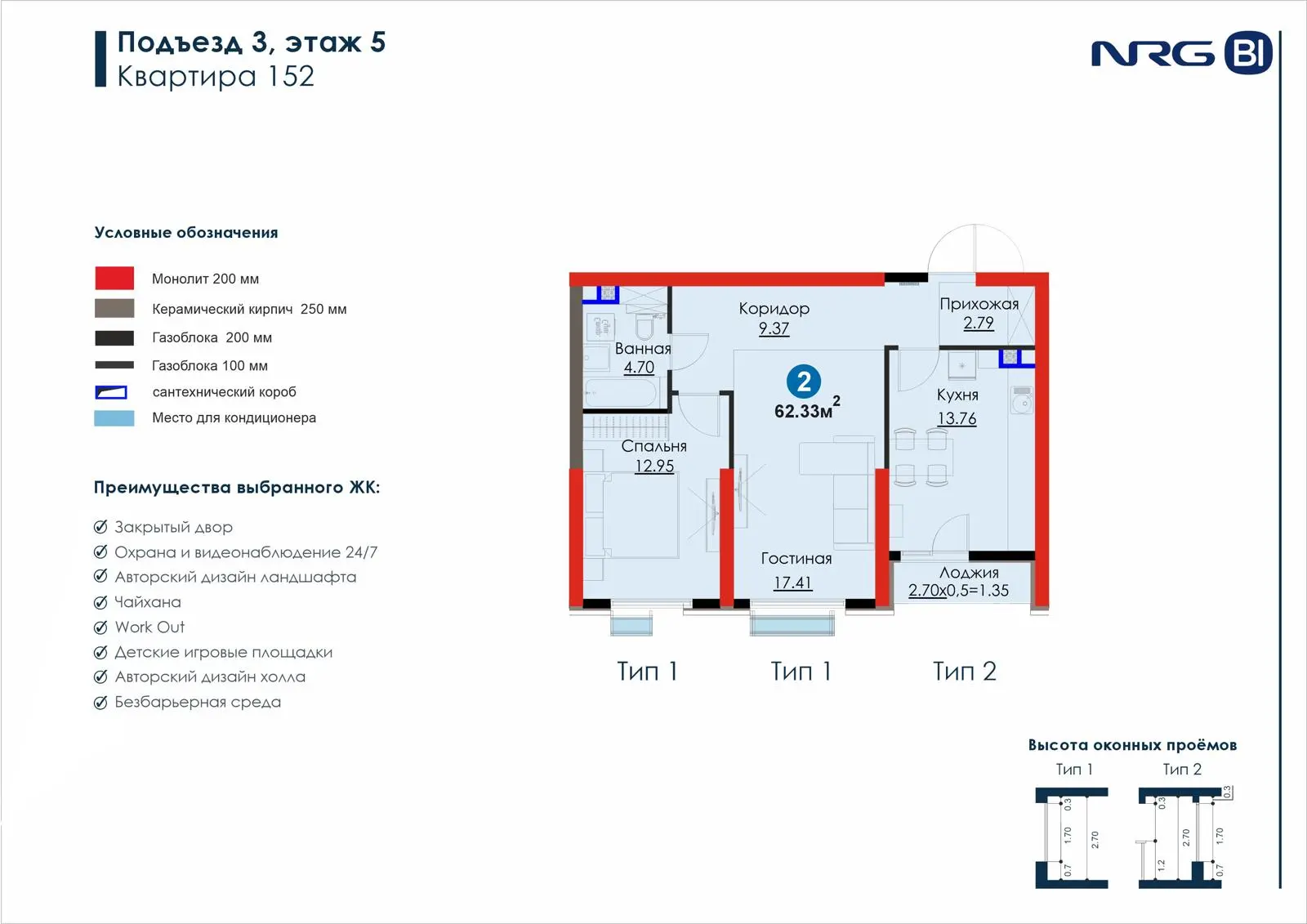 2-комнатная квартира, 62.3 м² — планировка