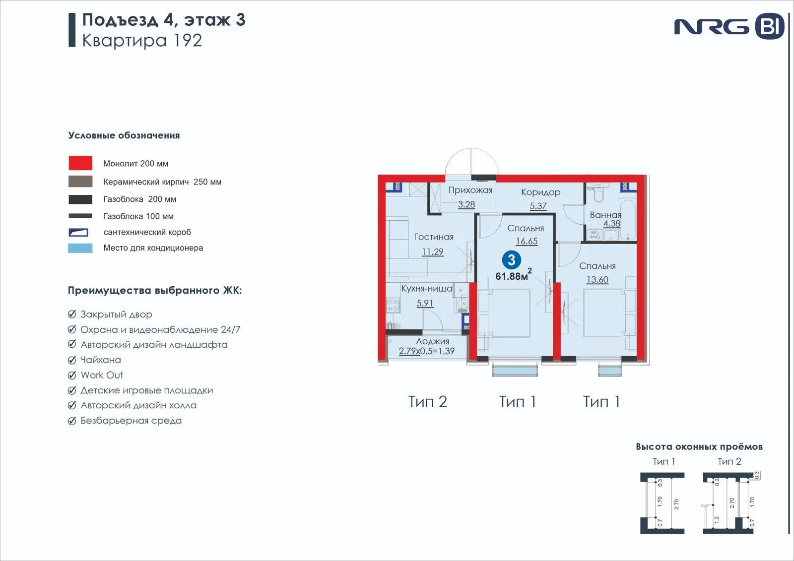 3-комнатная квартира, 61.9 м² — планировка