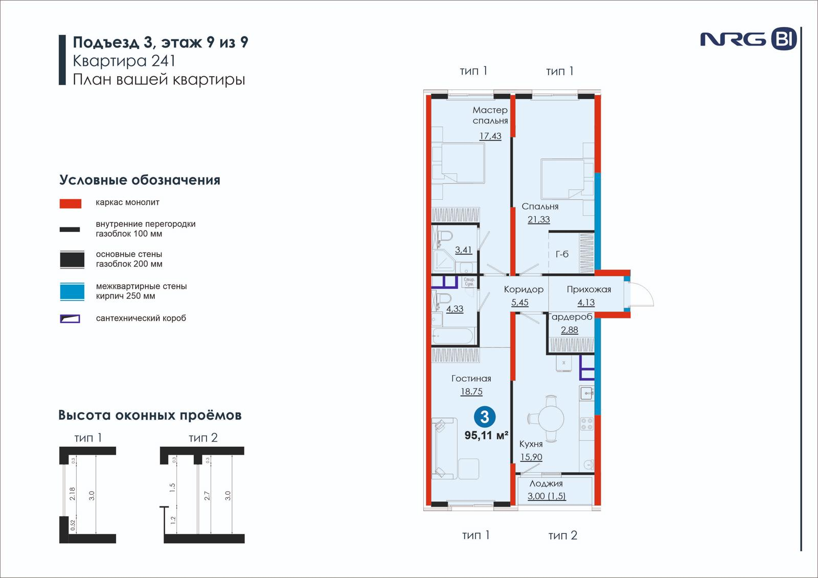 3 xonali kvartira, 95.1 m² — rejasi