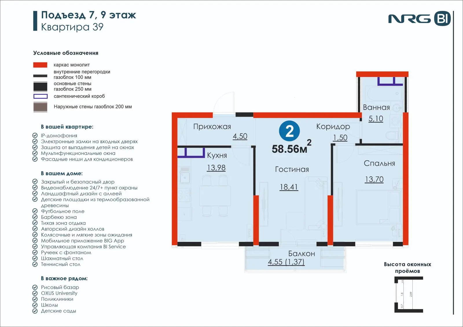 2-комнатная квартира, 58.6 м² — планировка