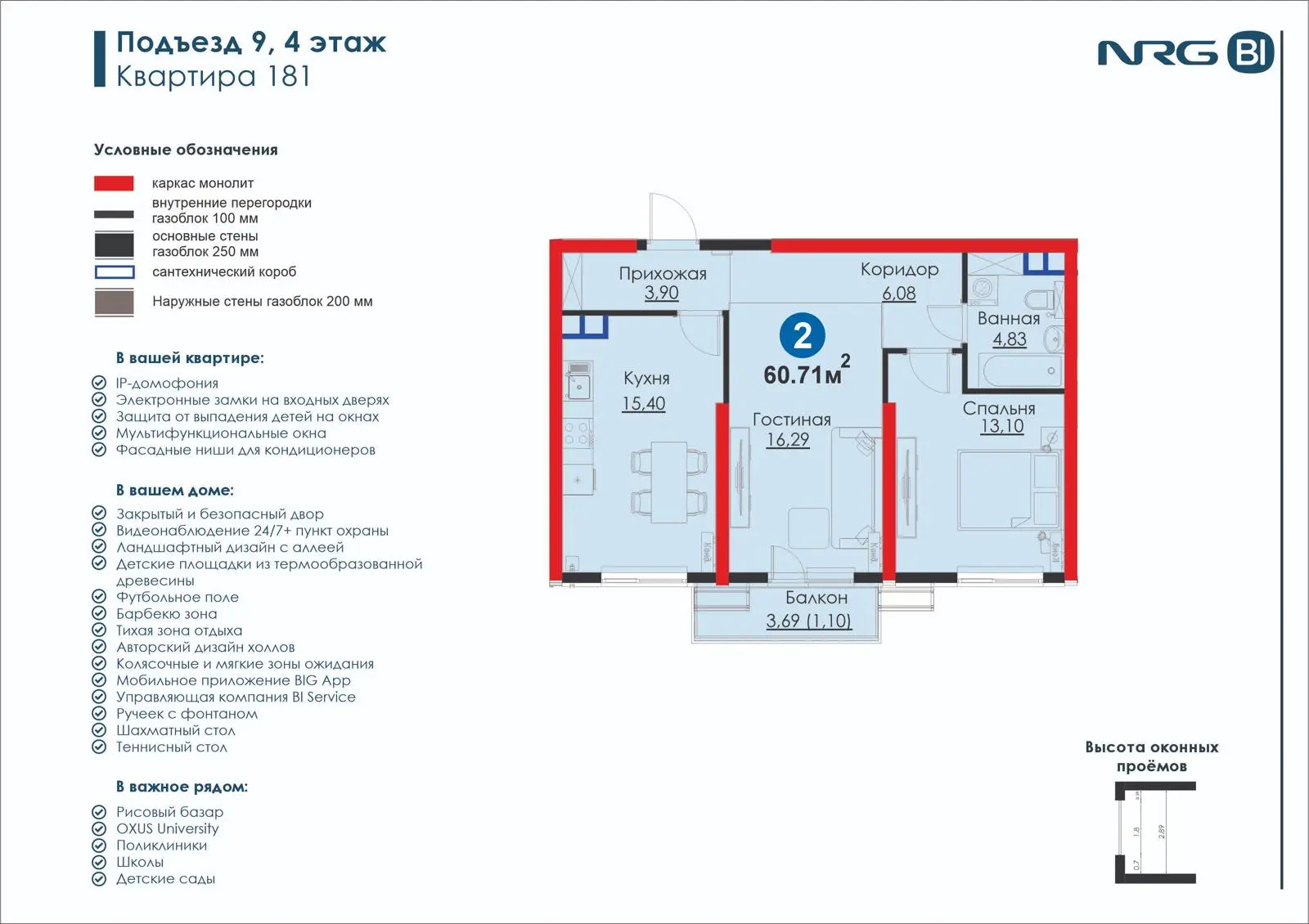 2-комнатная квартира, 60.7 м² — планировка