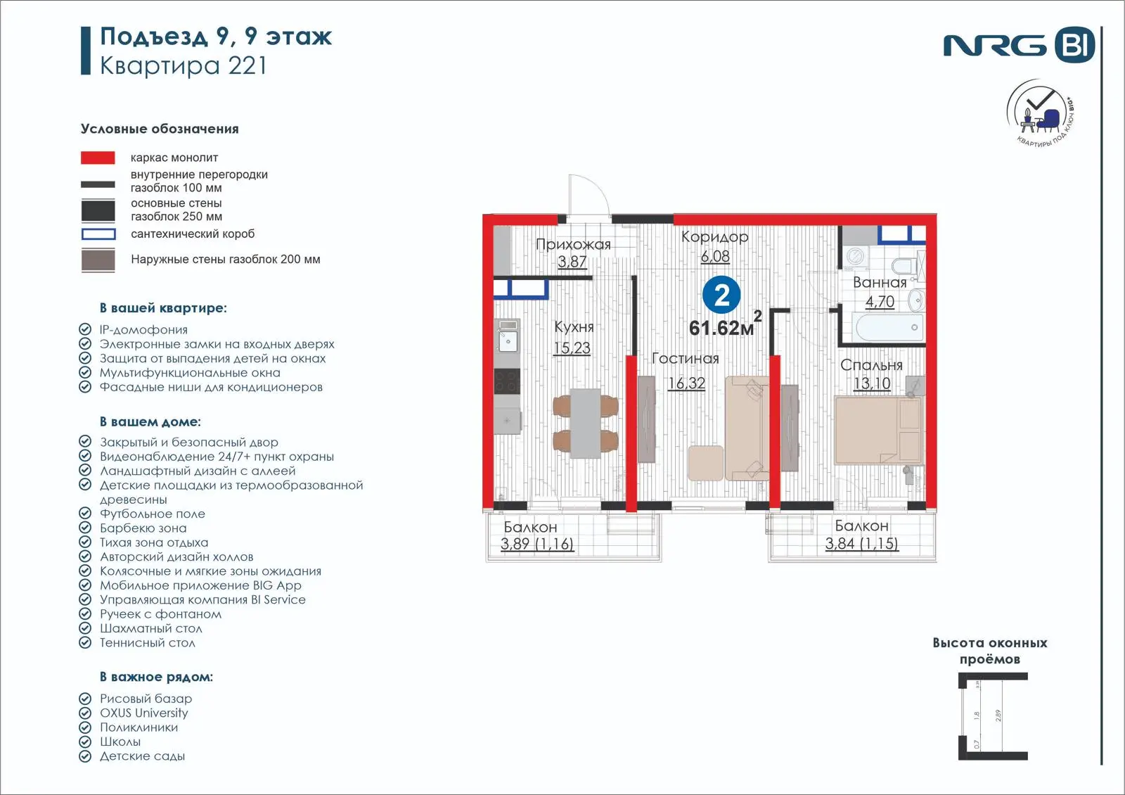 2-комнатная квартира, 61.6 м² — планировка