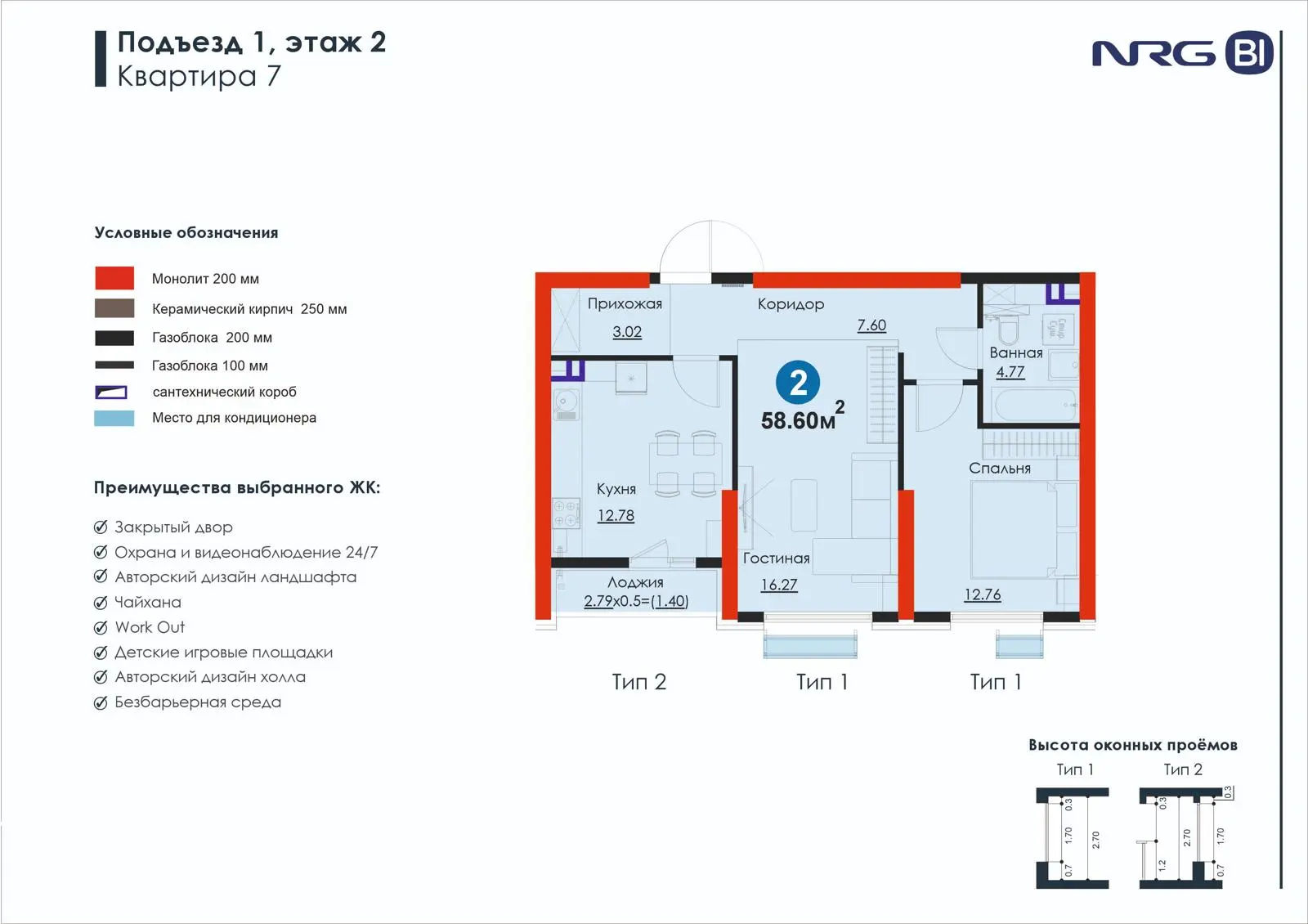 2-комнатная квартира, 58.6 м² — планировка