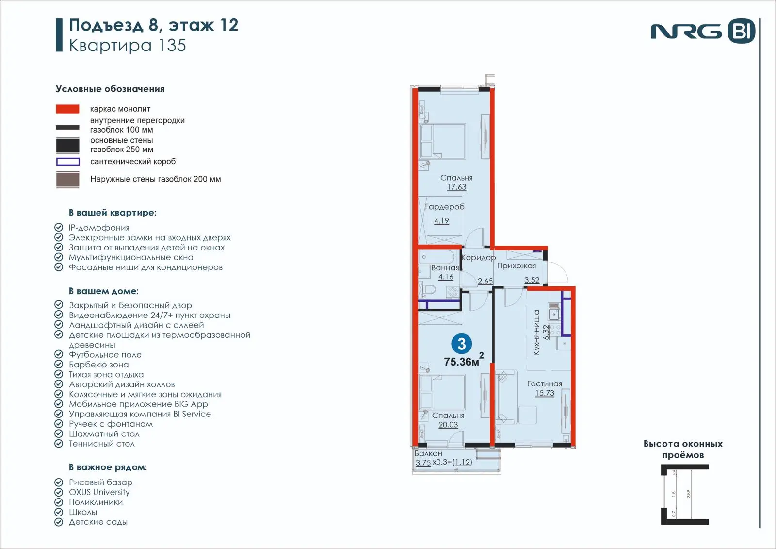3-комнатная квартира, 75.4 м² — планировка