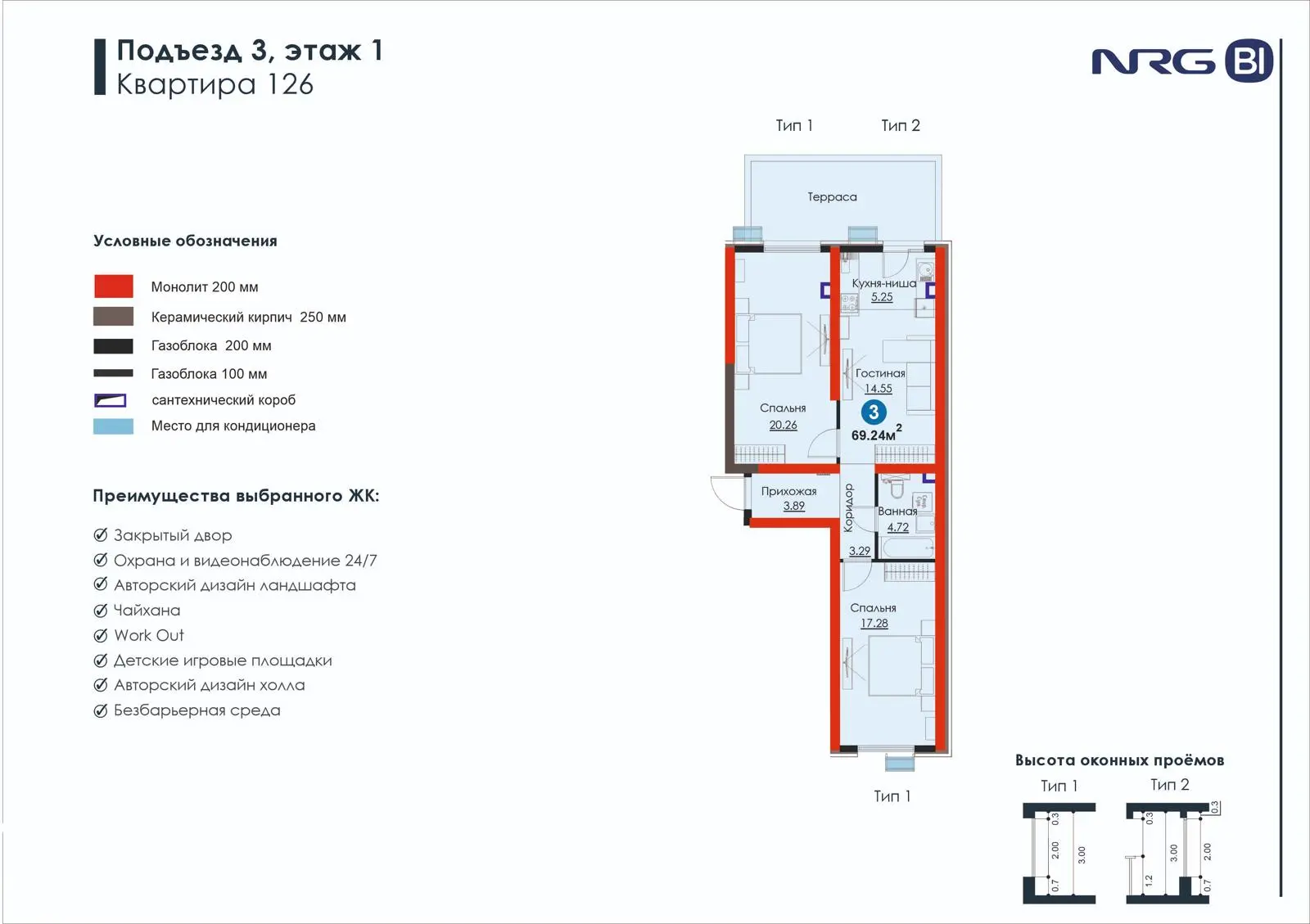 3-комнатная квартира, 69.2 м² — планировка