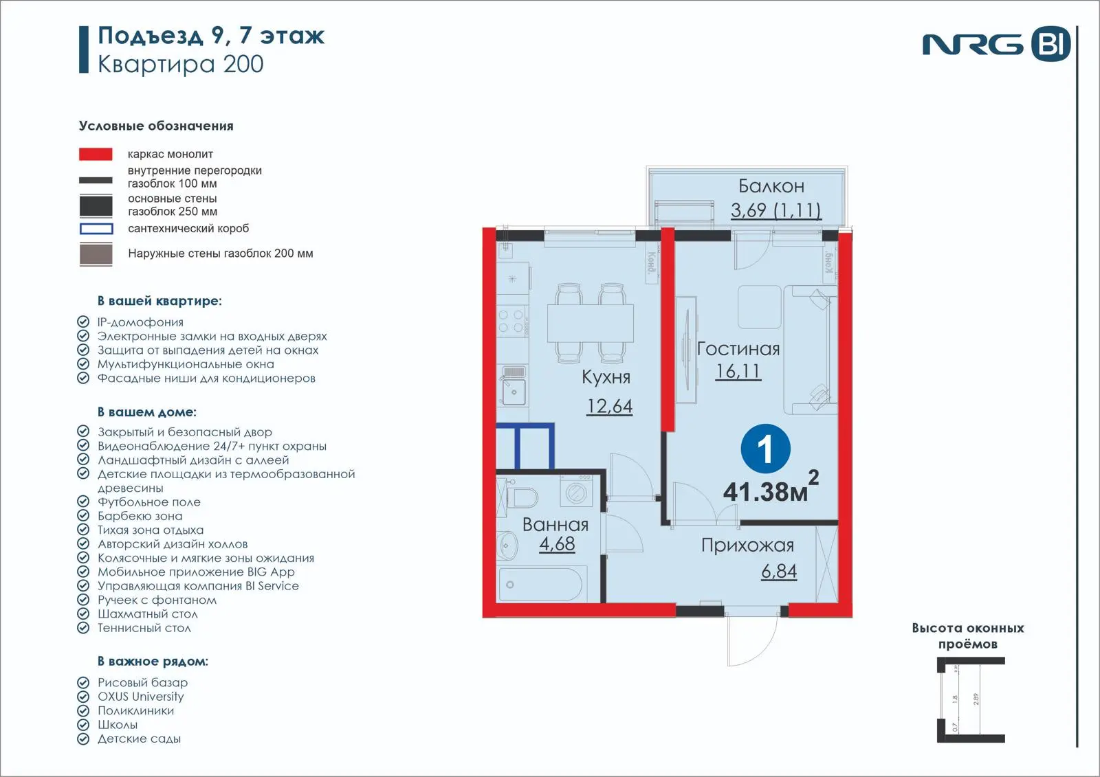 1-комнатная квартира, 41.4 м² — планировка