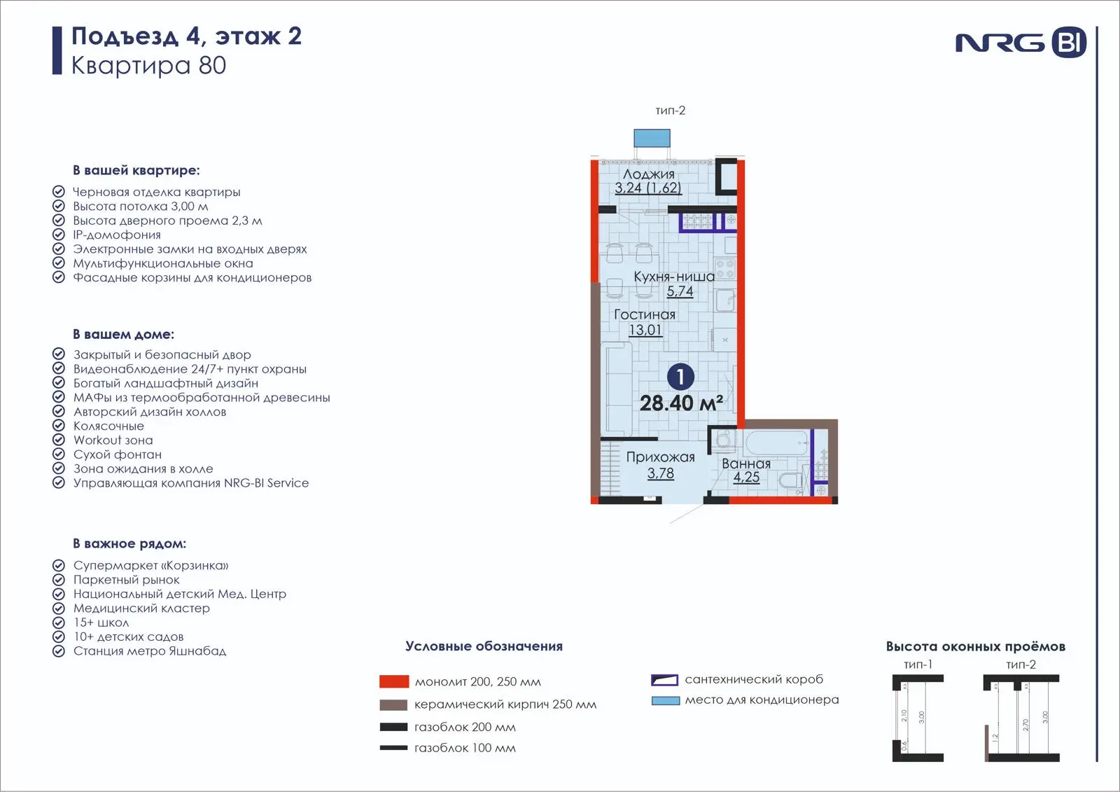 1 xonali kvartira, 28.4 m² — rejasi