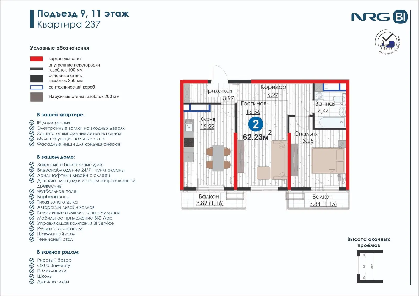 2-комнатная квартира, 62.2 м² — планировка