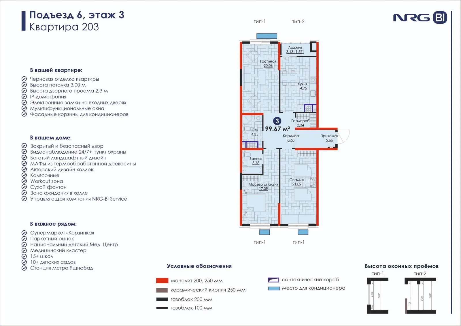 3-комнатная квартира, 99.7 м² — планировка