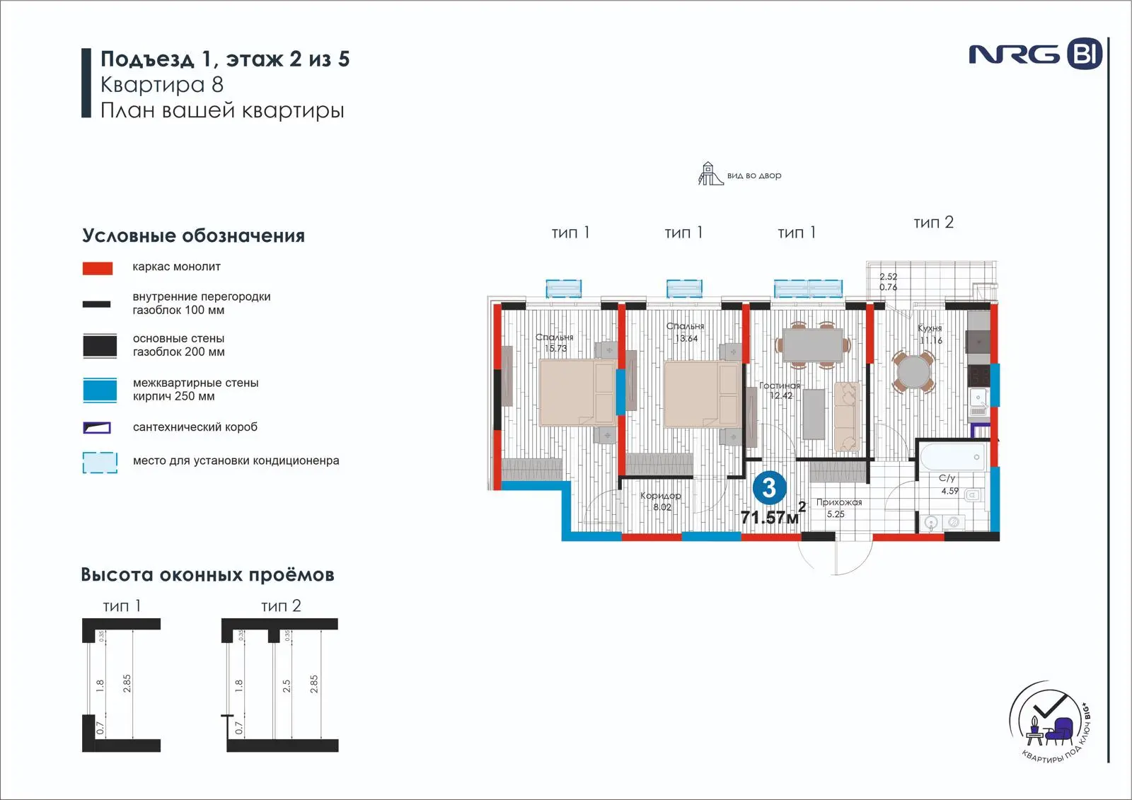 3-комнатная квартира, 71.6 м² — планировка