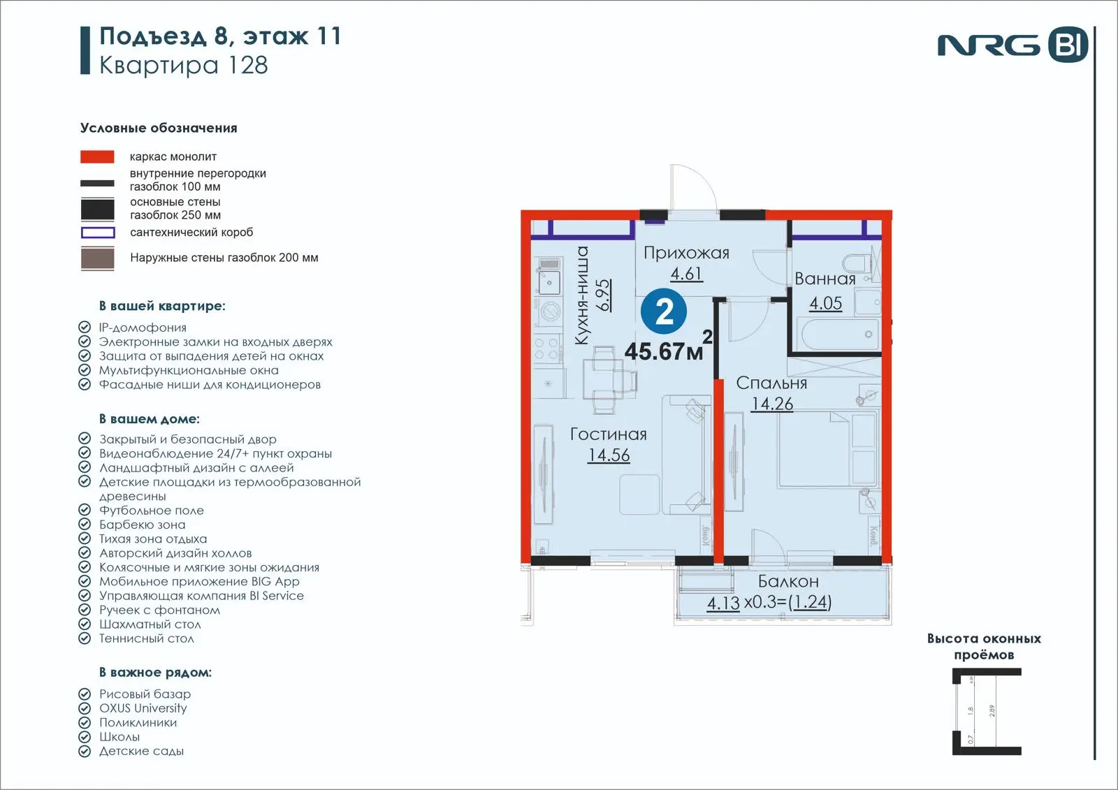 2-комнатная квартира, 45.7 м² — планировка