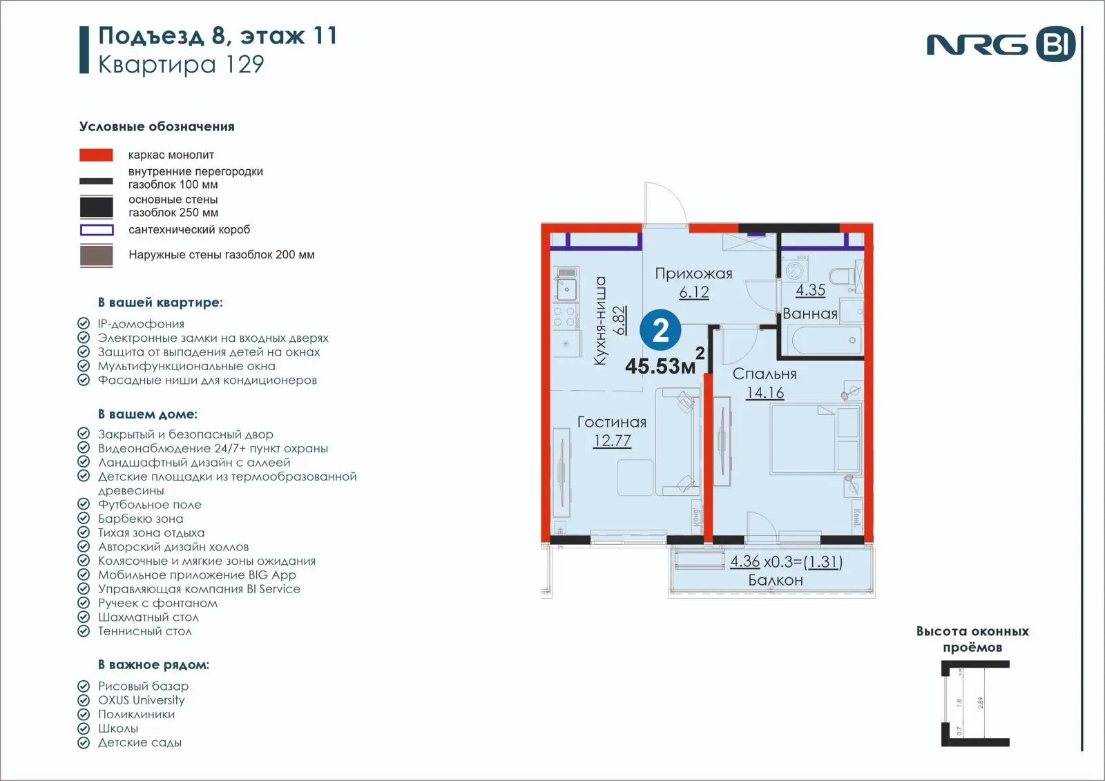2-комнатная квартира, 45.5 м² — планировка