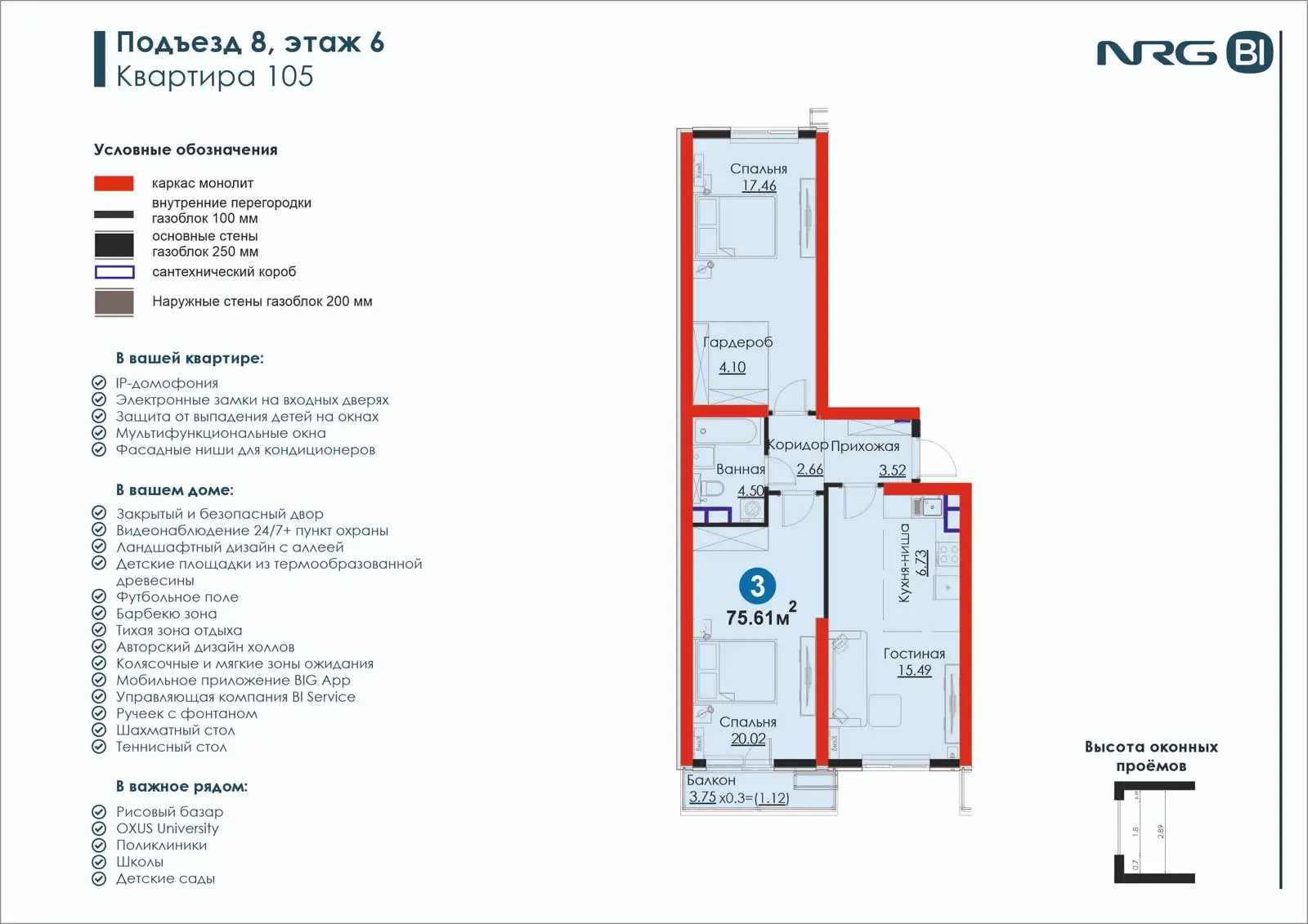 3 xonali kvartira, 75.6 m² — rejasi
