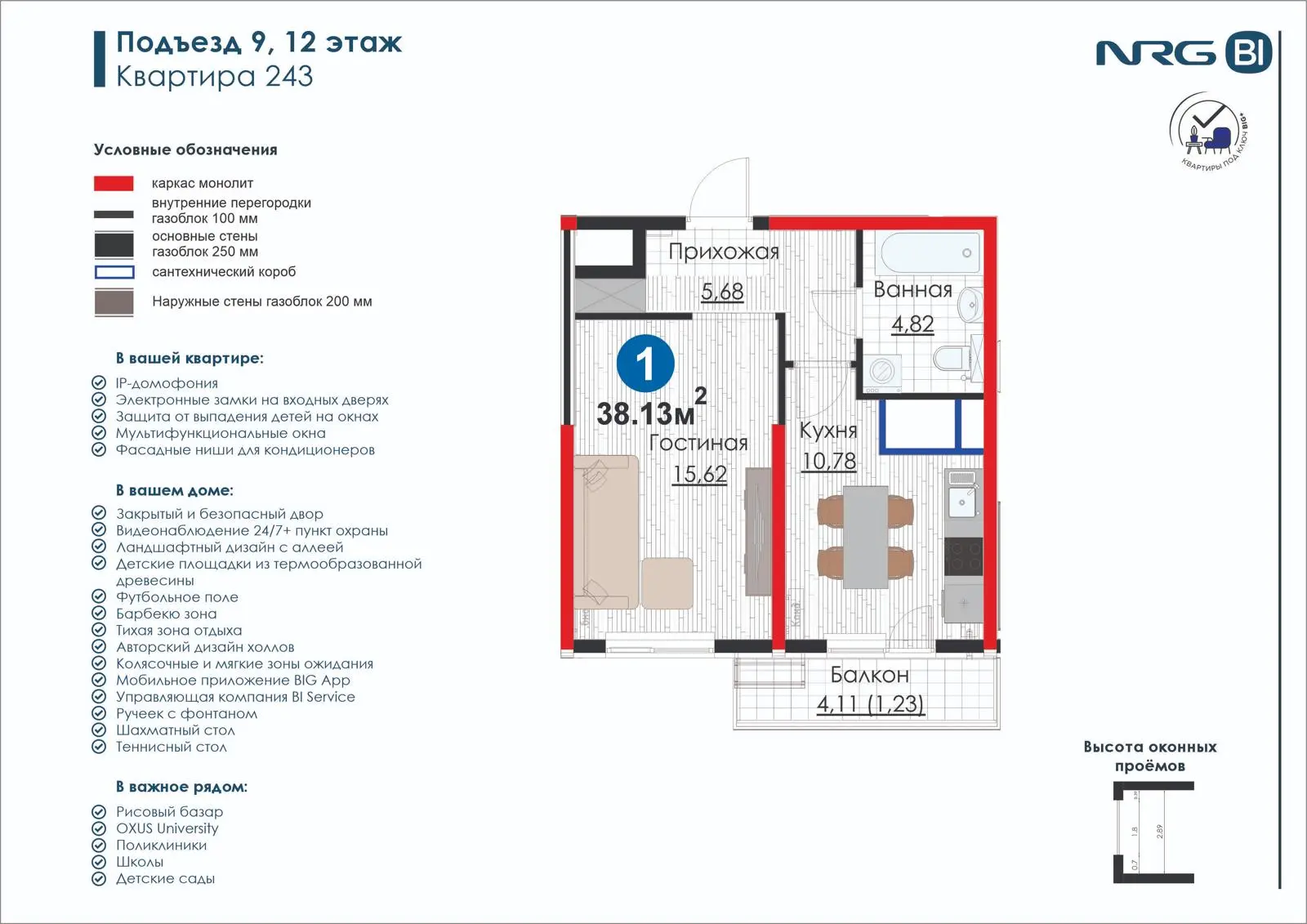1-комнатная квартира, 38.1 м² — планировка