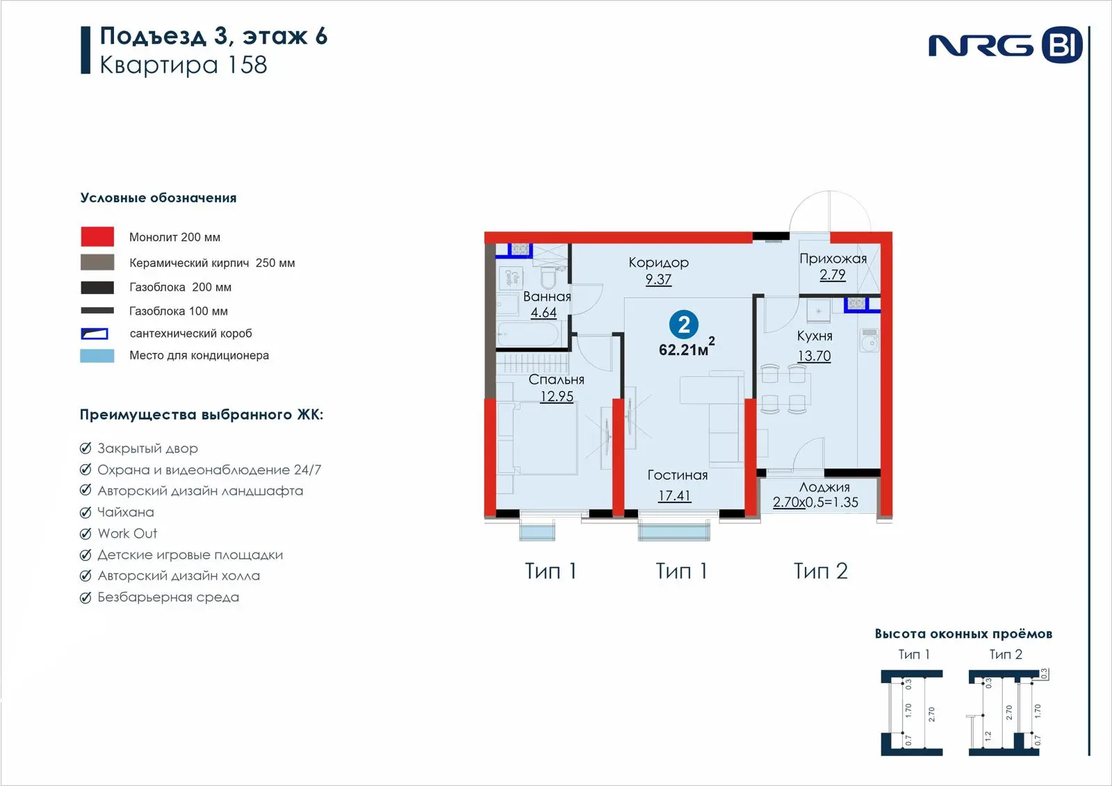 2-комнатная квартира, 62.2 м² — планировка