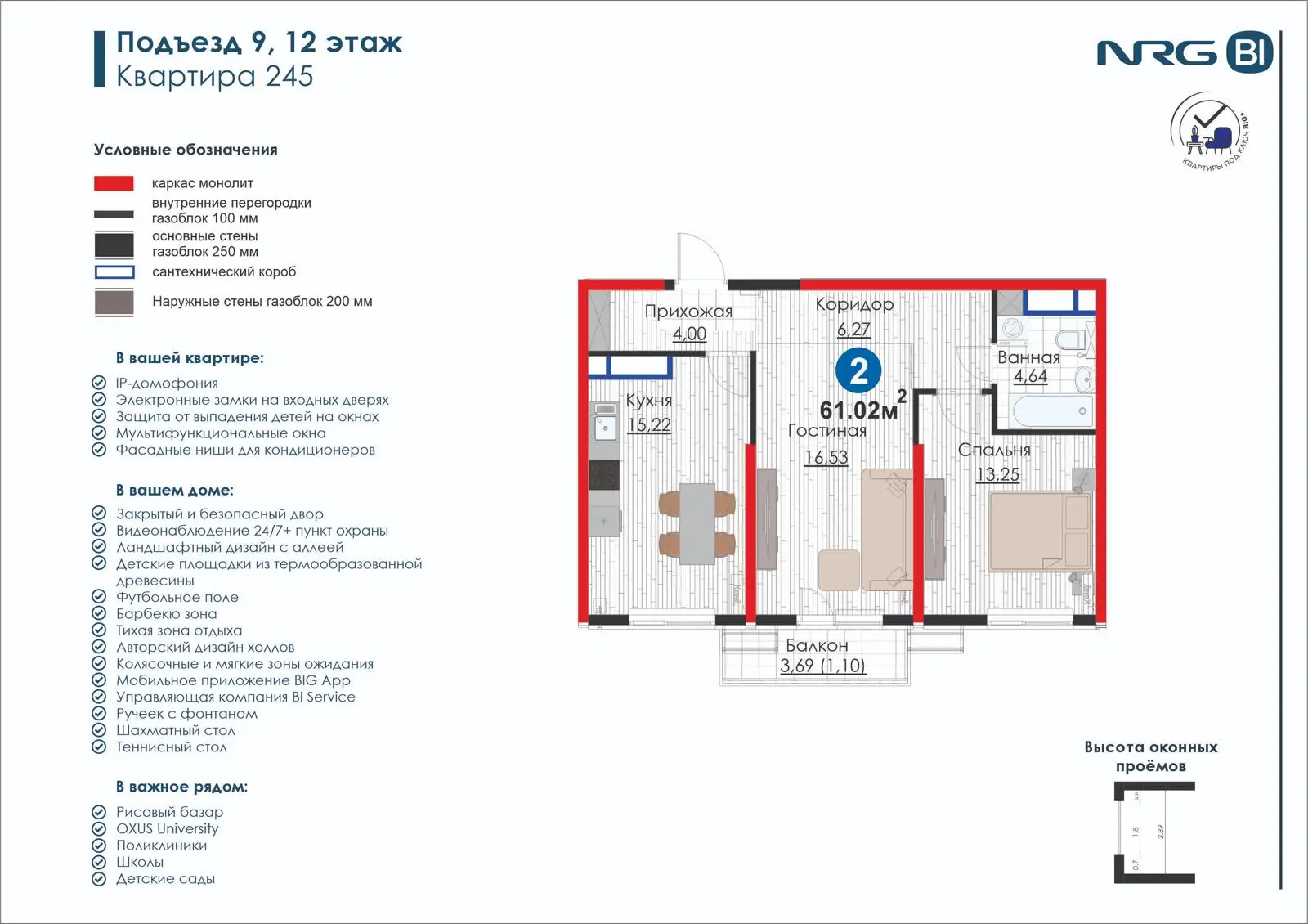 2-комнатная квартира, 61 м² — планировка