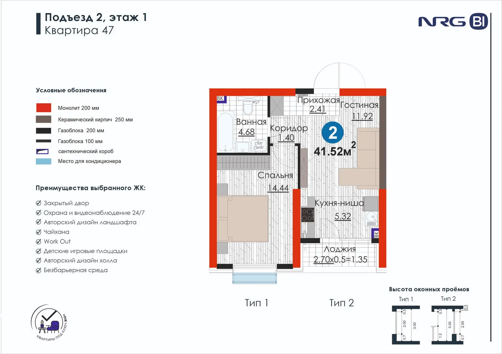 2-комнатная квартира, 41.5 м² — планировка