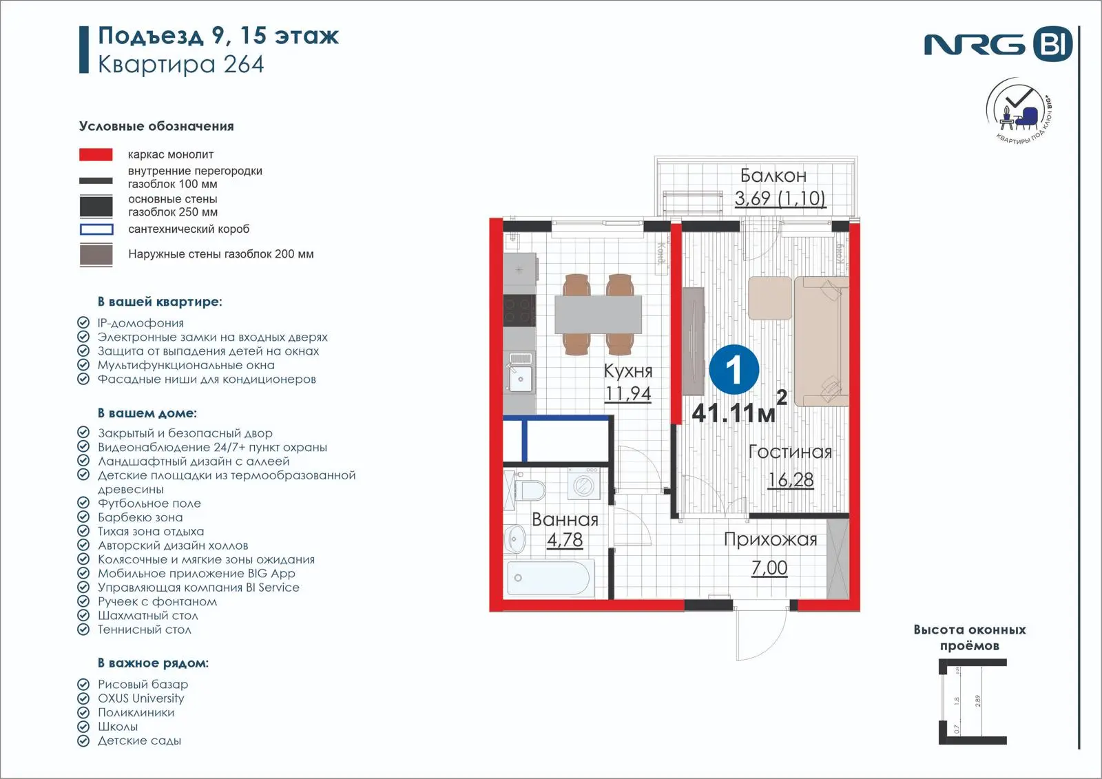 1-комнатная квартира, 41.1 м² — планировка