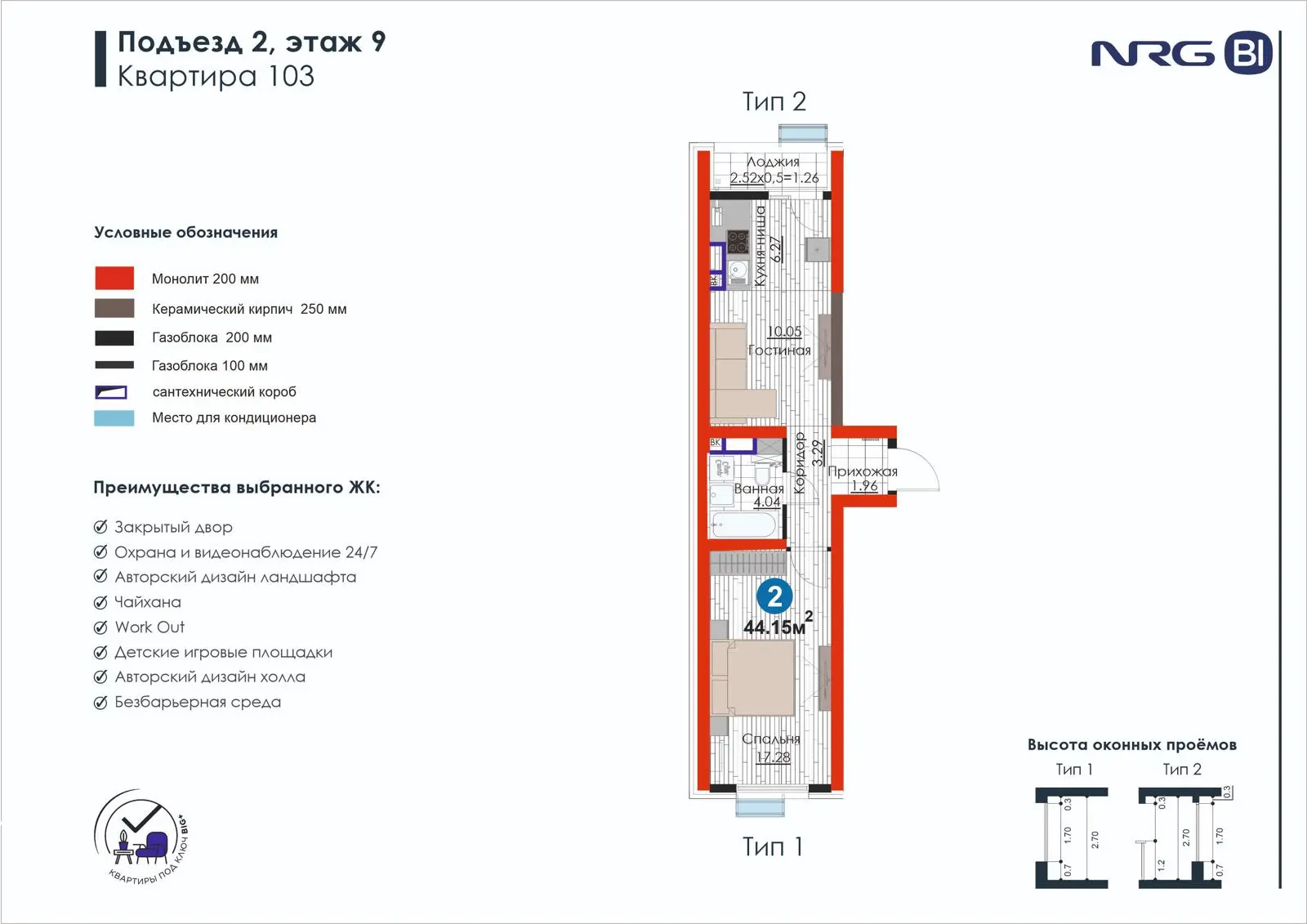 2-комнатная квартира, 44.2 м² — планировка