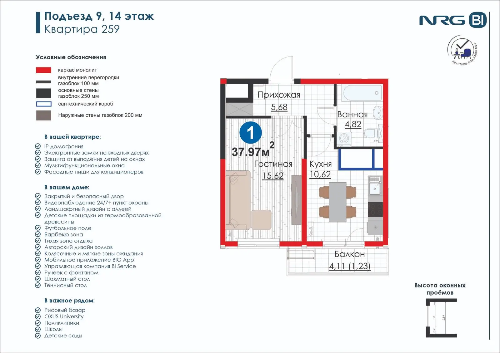 1-комнатная квартира, 38 м² — планировка