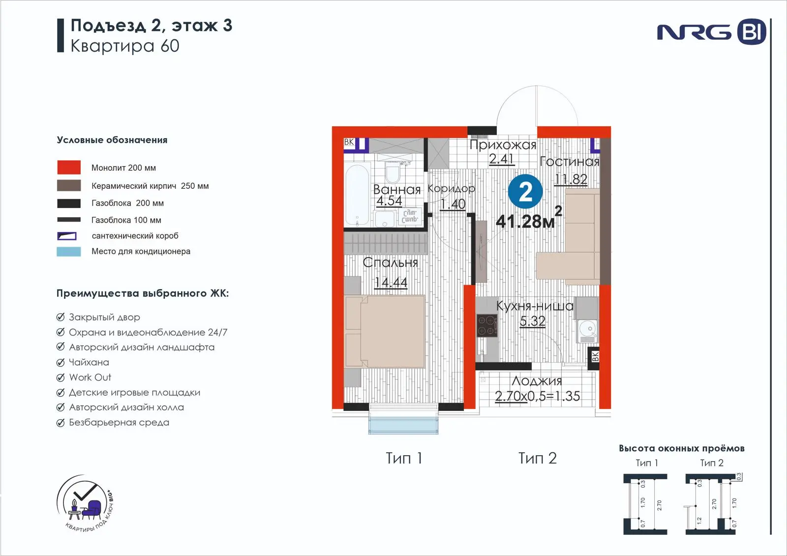 2-комнатная квартира, 41.3 м² — планировка