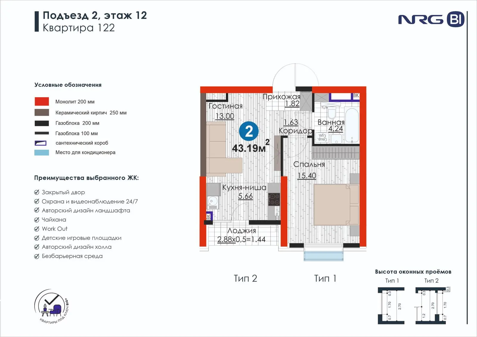 2-комнатная квартира, 43.2 м² — планировка