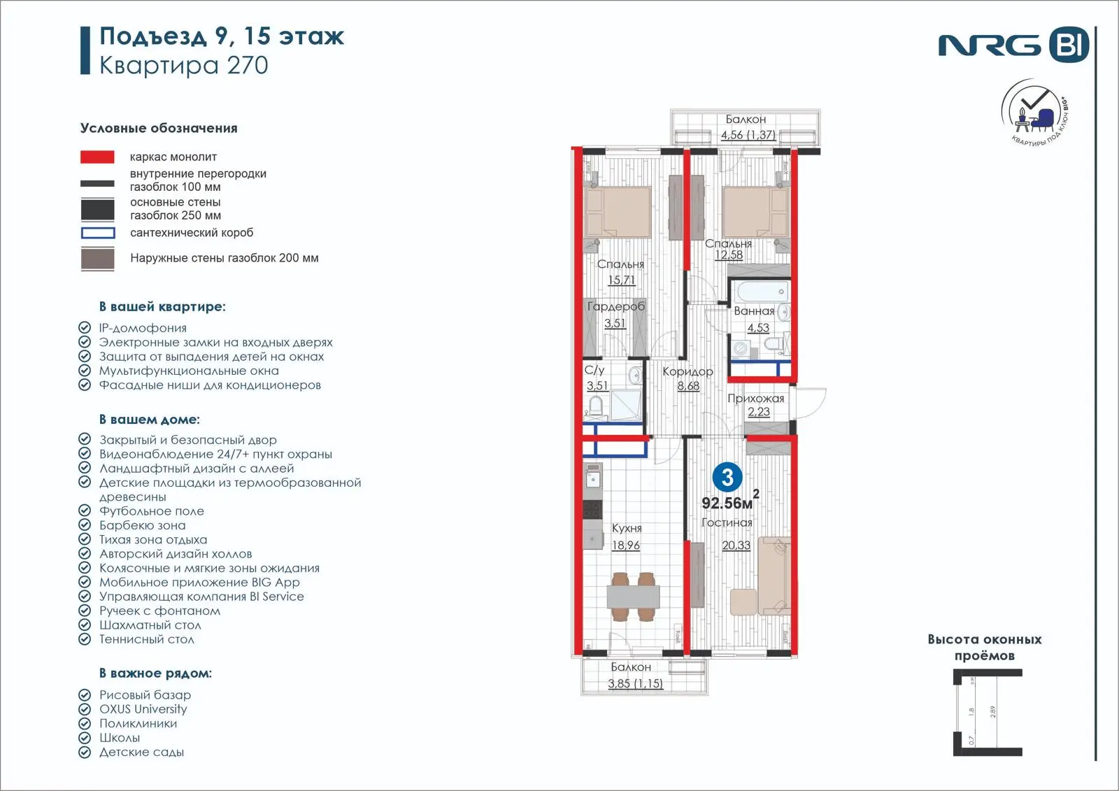 3-комнатная квартира, 92.6 м² — планировка