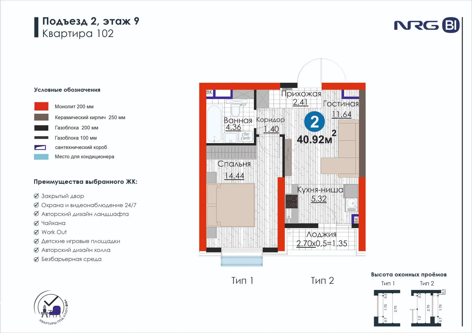 2-комнатная квартира, 40.9 м² — планировка