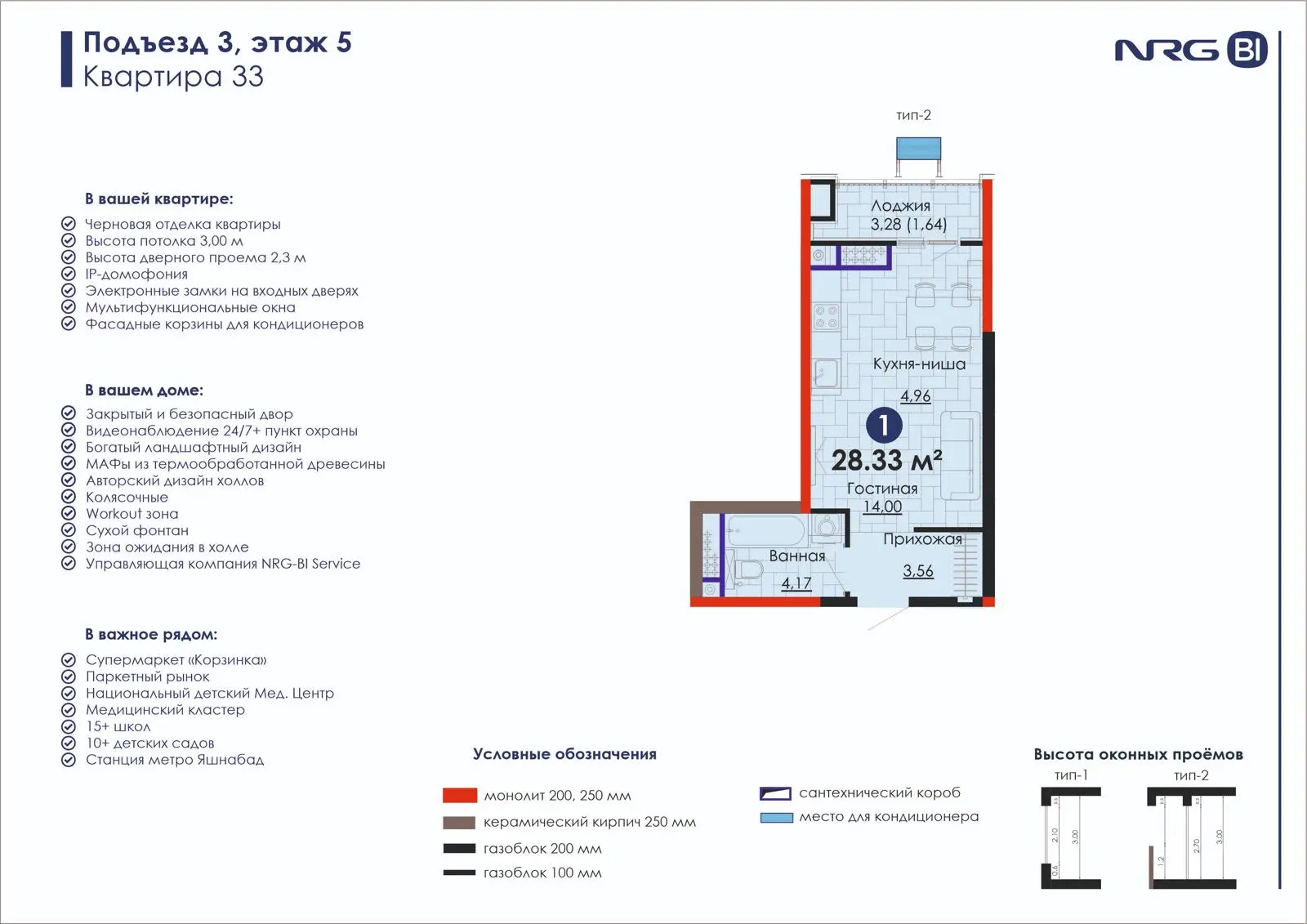 1 xonali kvartira, 28.3 m² — rejasi