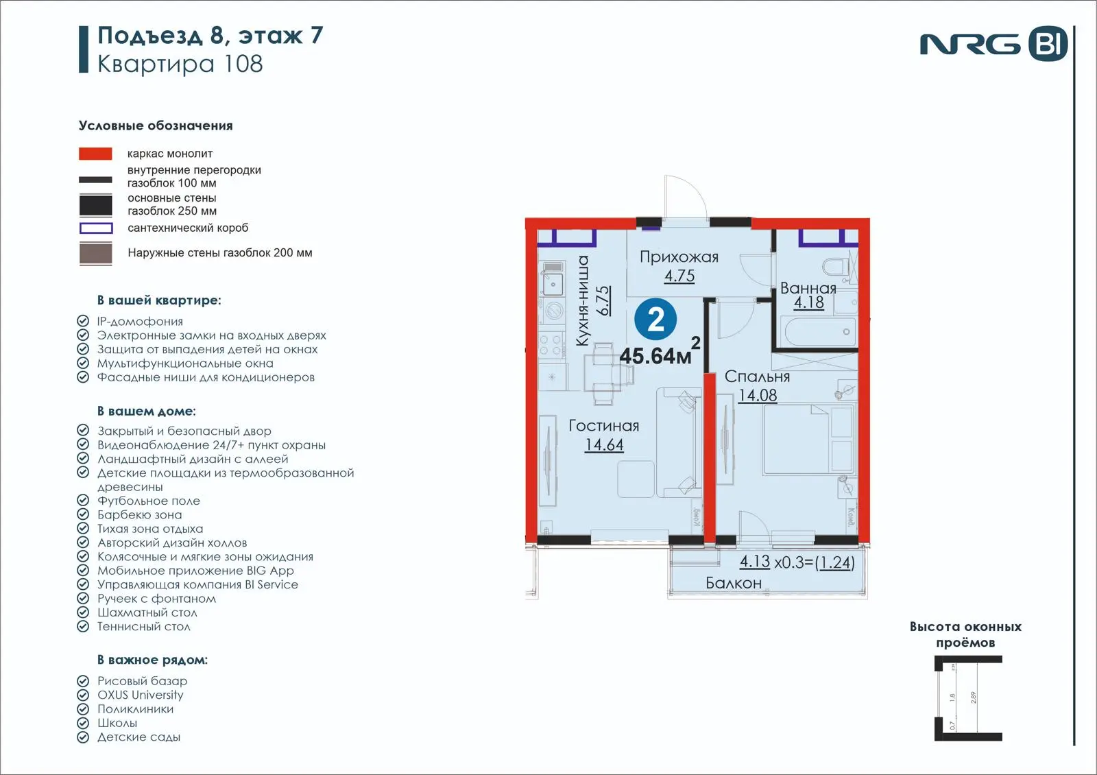 2-комнатная квартира, 45.6 м² — планировка