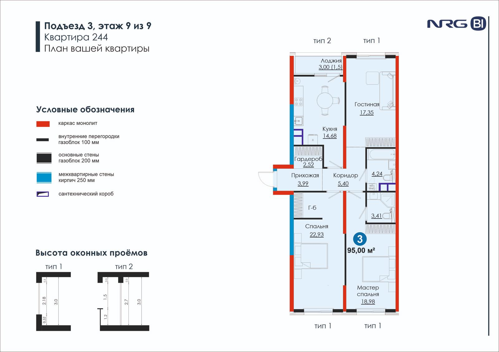 3 xonali kvartira, 95 m² — rejasi