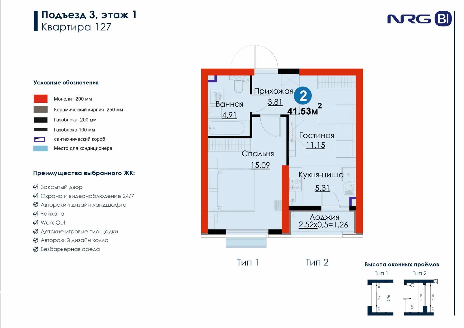 2-комнатная квартира, 41.5 м² — планировка