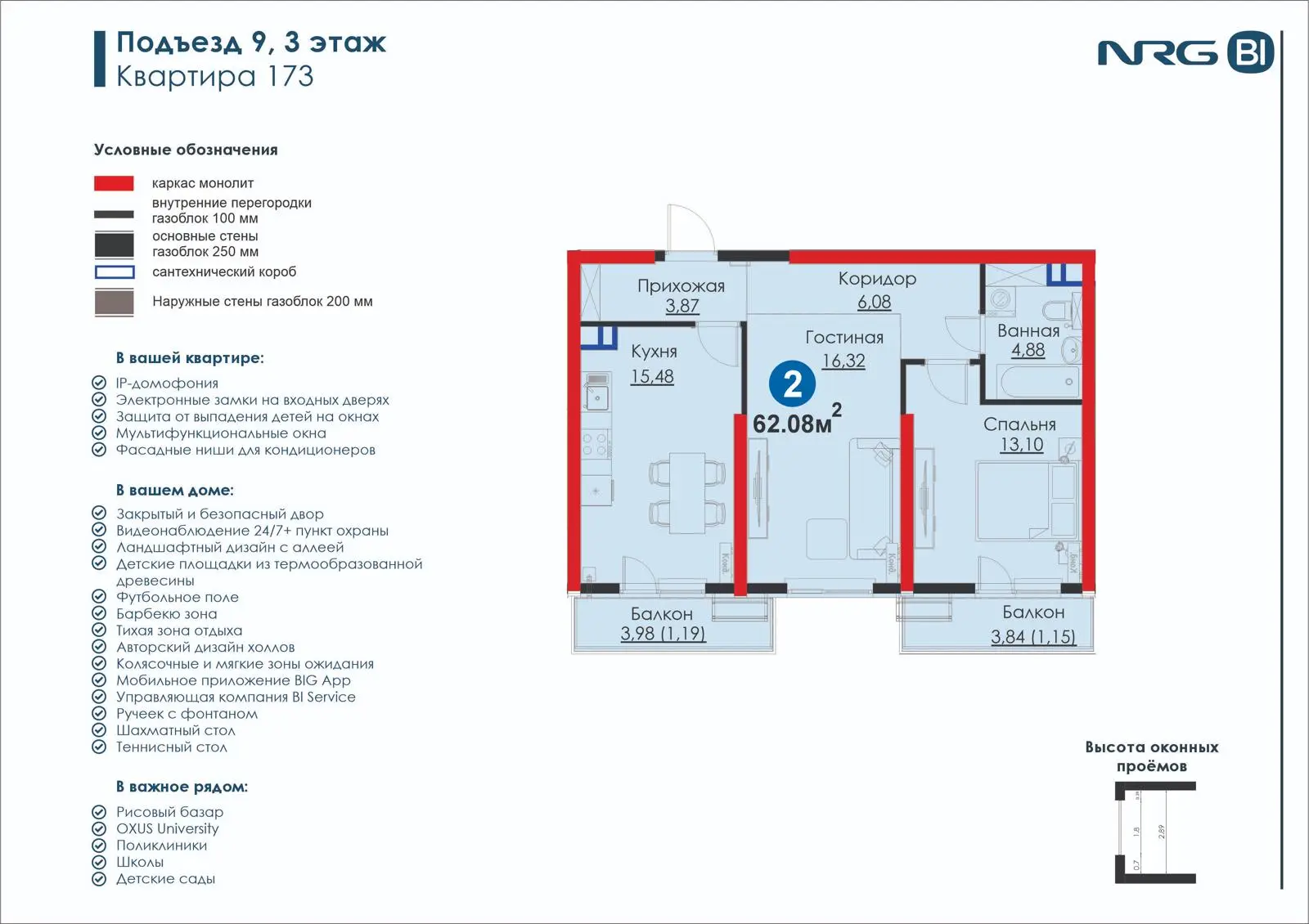 2-комнатная квартира, 62.1 м² — планировка