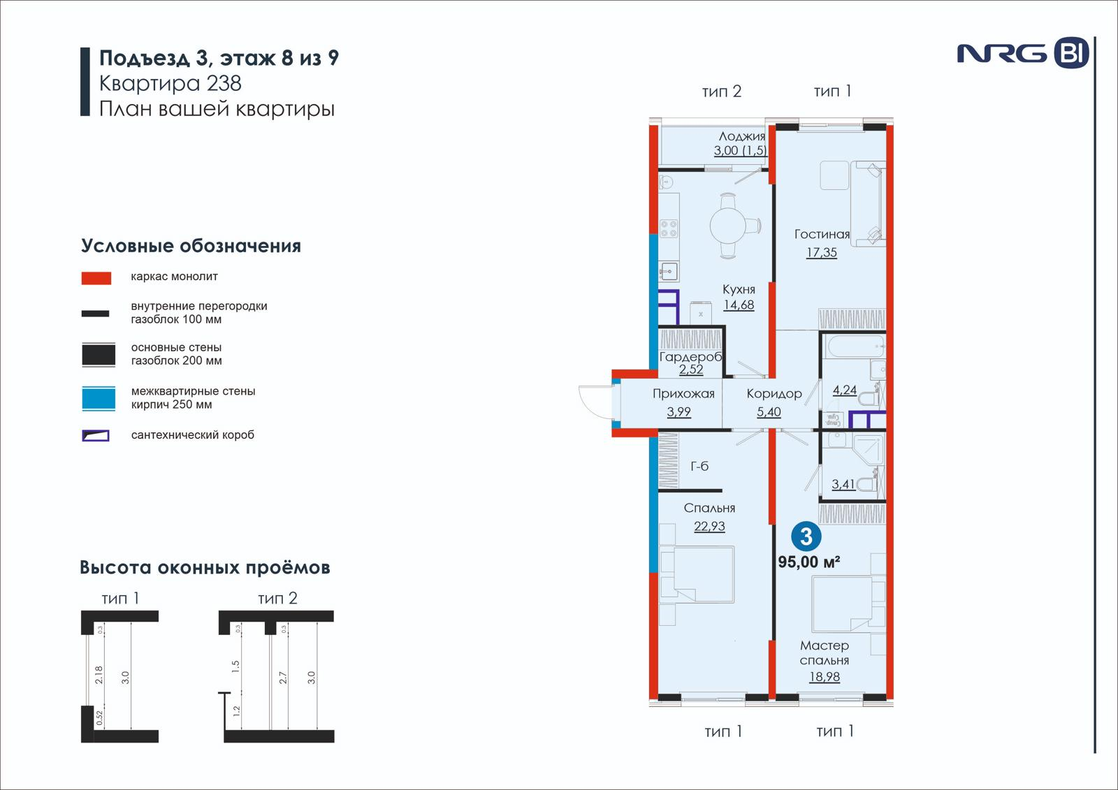 3 xonali kvartira, 95 m² — rejasi