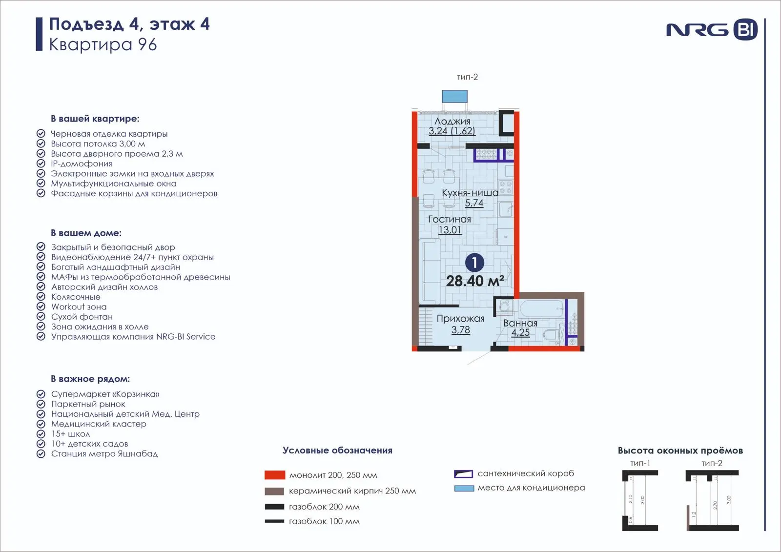 1 xonali kvartira, 28.4 m² — rejasi