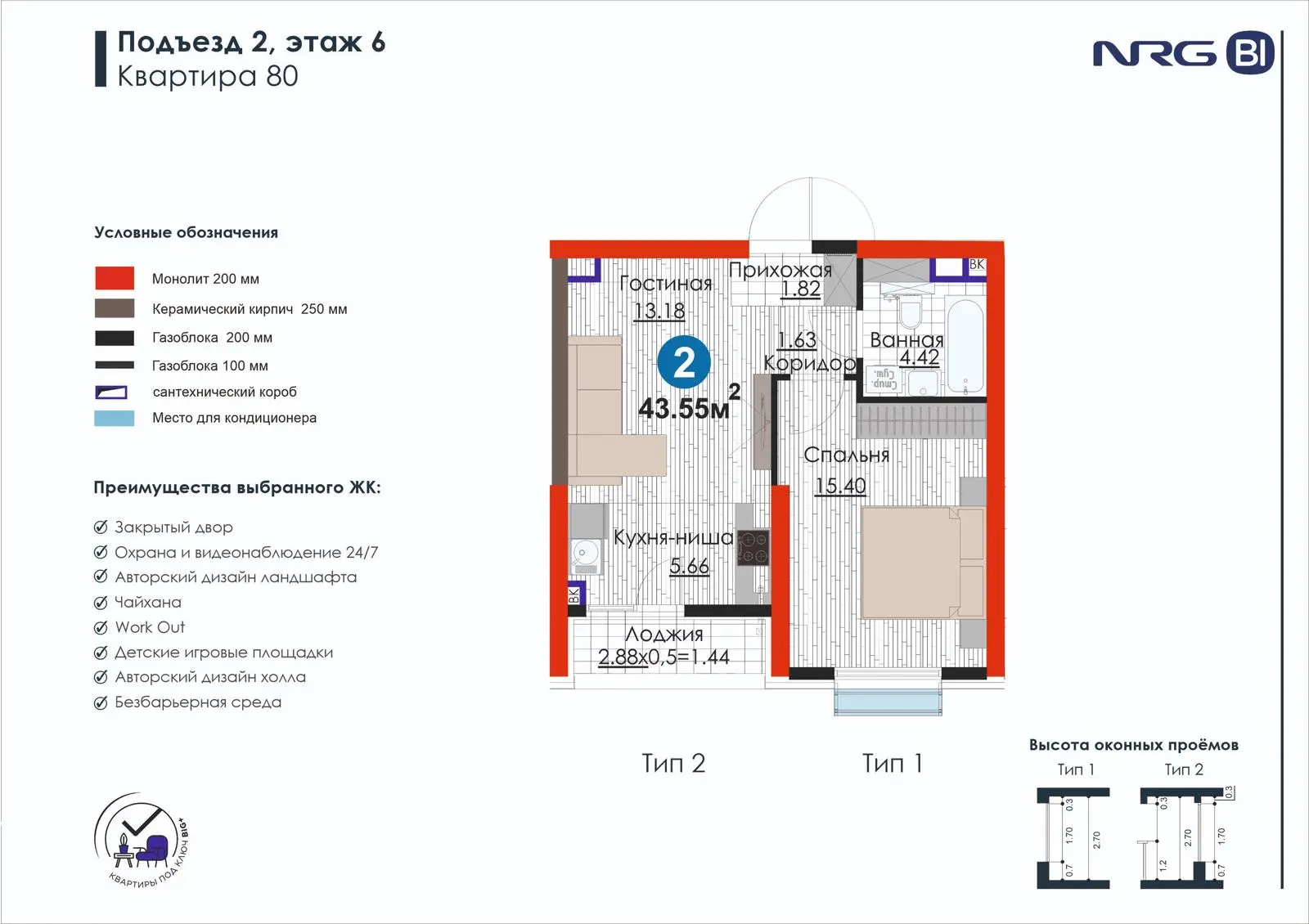 2-комнатная квартира, 43.6 м² — планировка