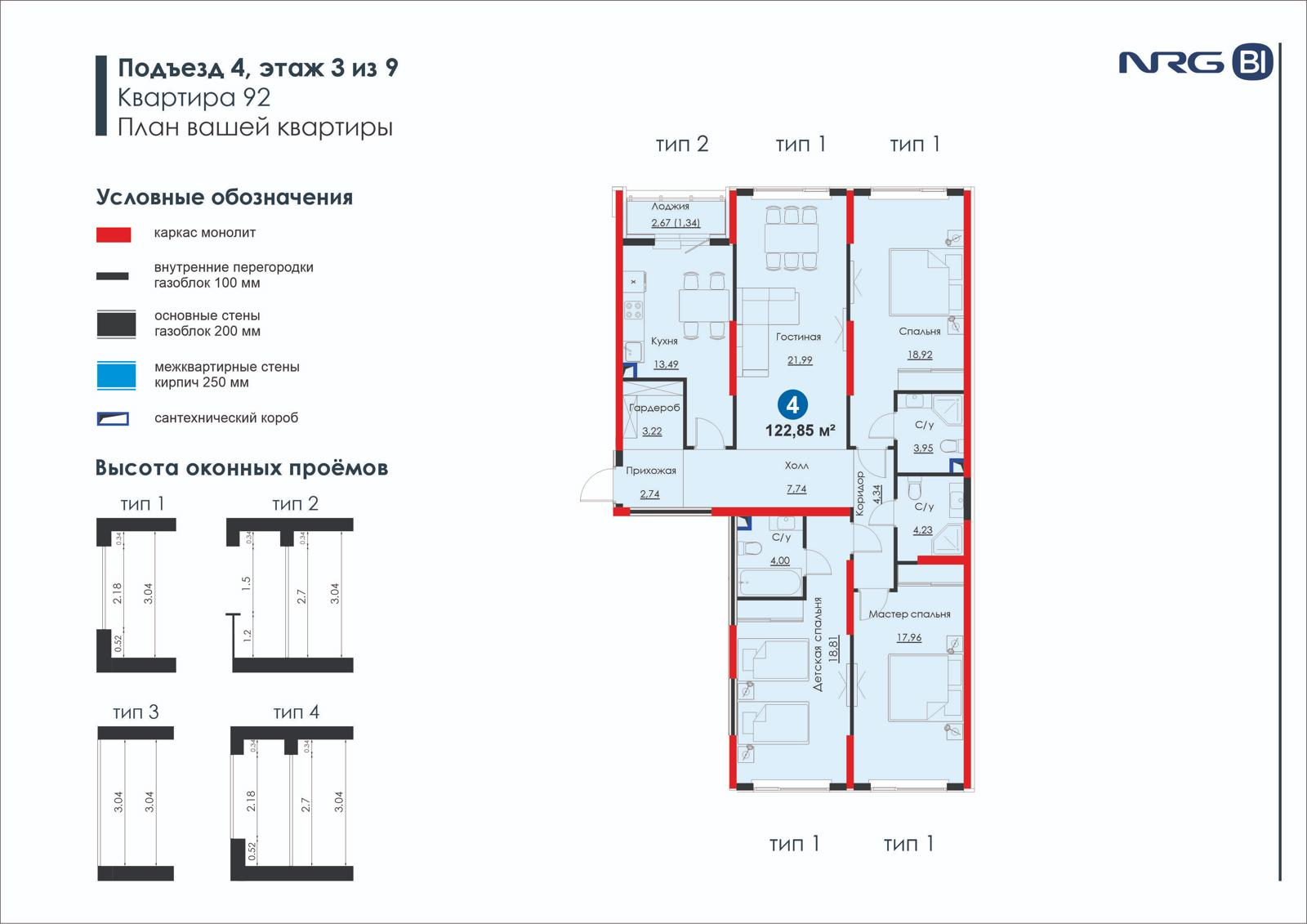 4 xonali kvartira, 122.9 m² — rejasi
