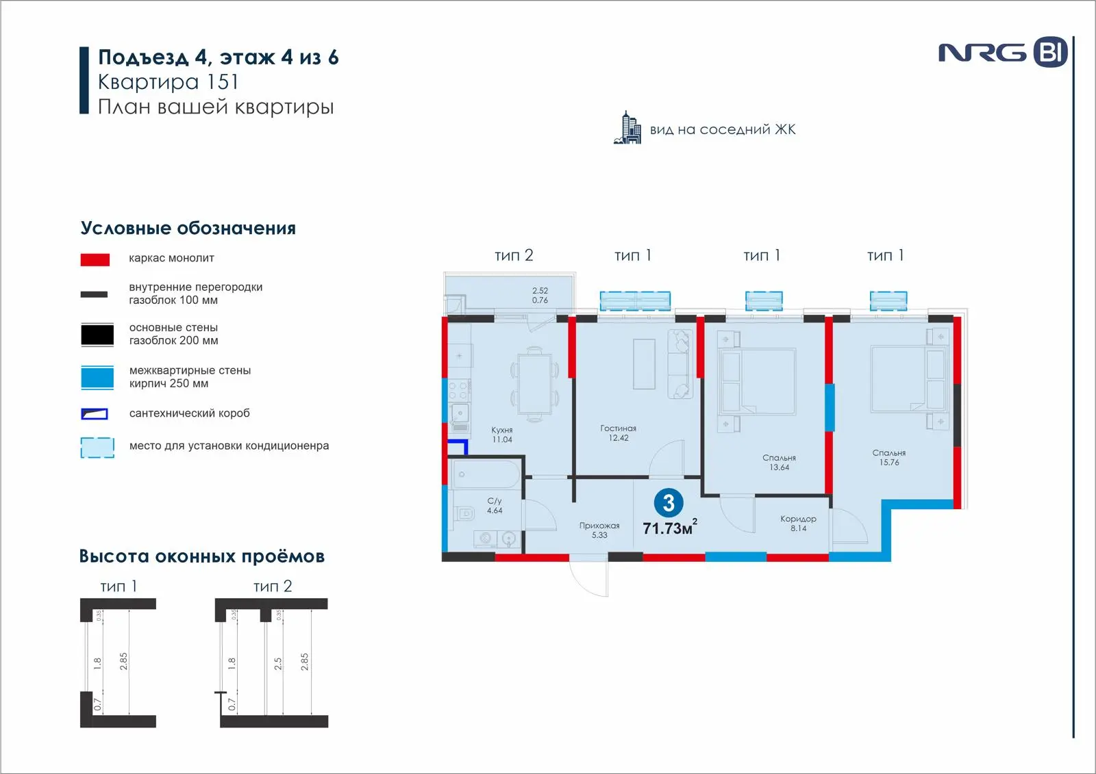 3-комнатная квартира, 71.7 м² — планировка