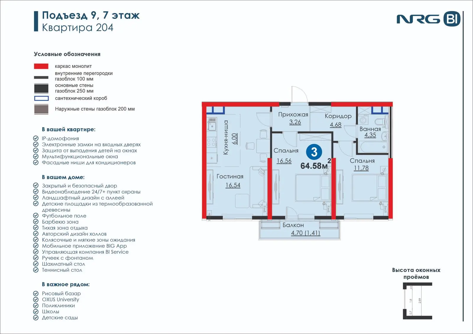 3-комнатная квартира, 64.6 м² — планировка