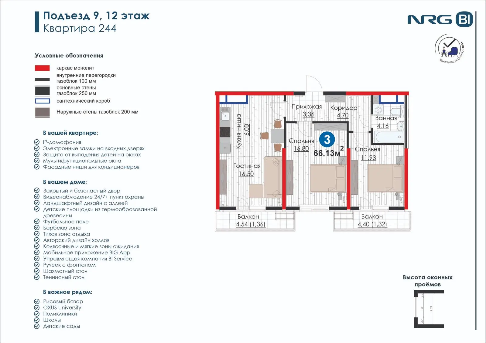 3-комнатная квартира, 66.1 м² — планировка