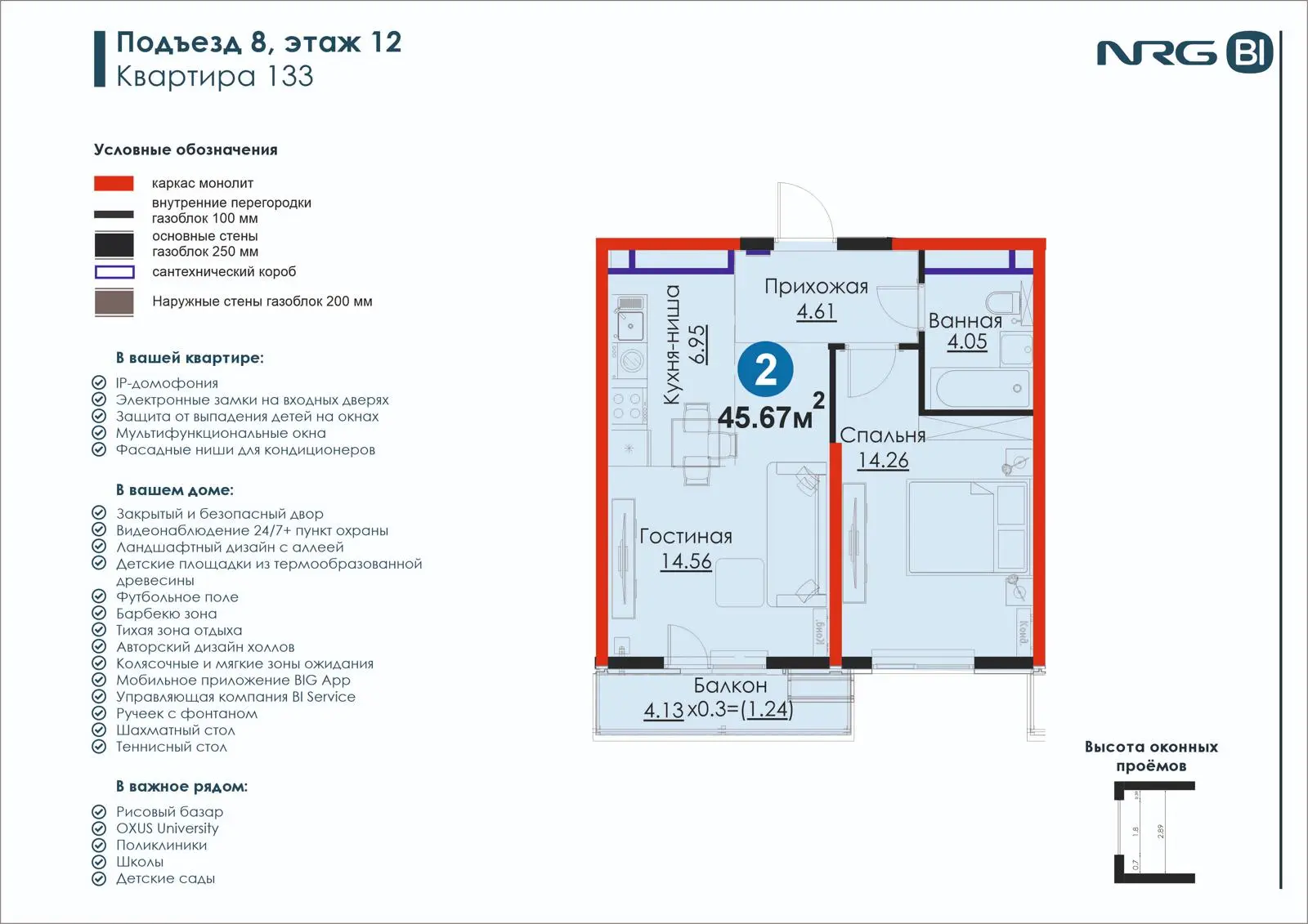 2-комнатная квартира, 45.7 м² — планировка