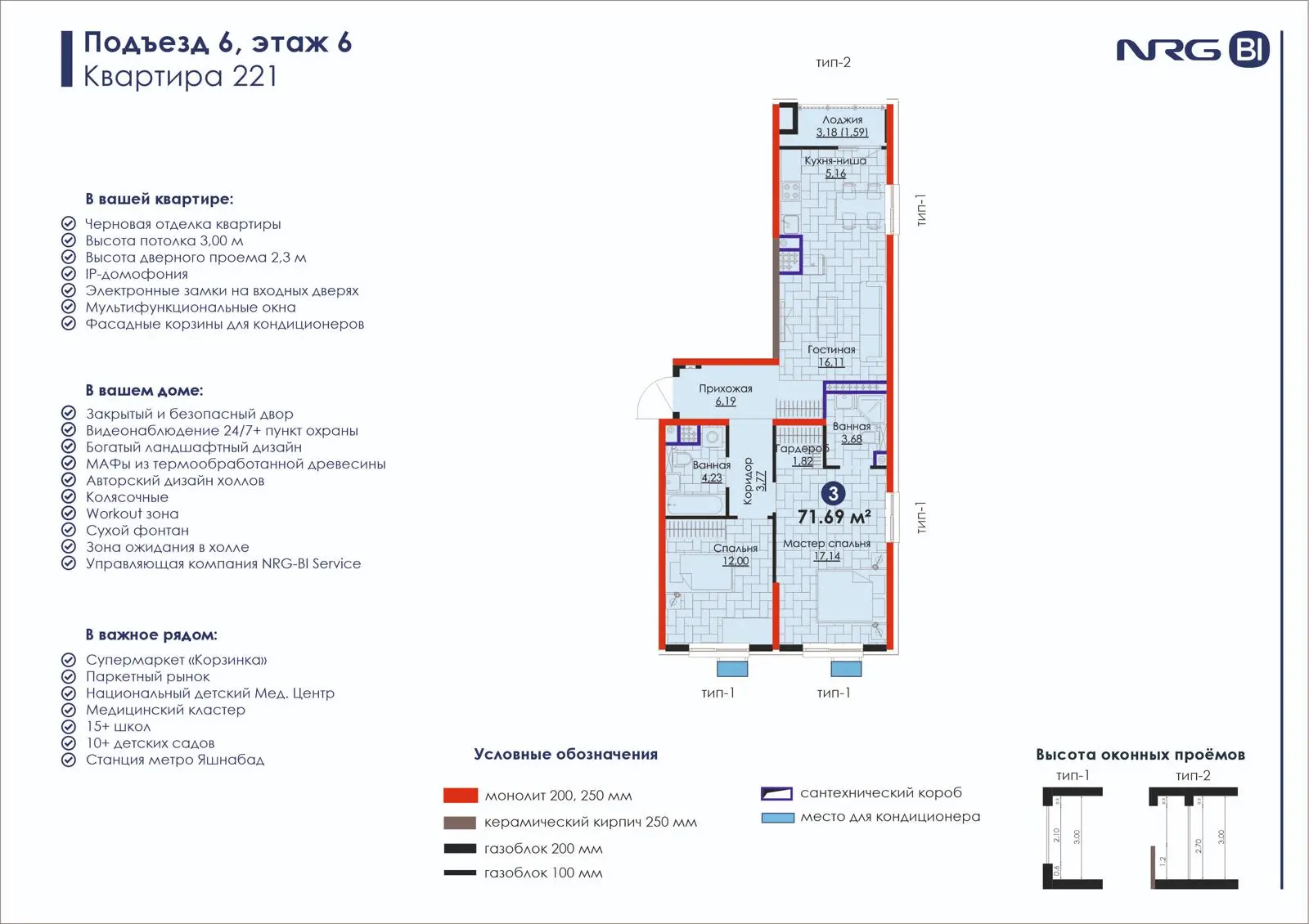 3-комнатная квартира, 71.7 м² — планировка