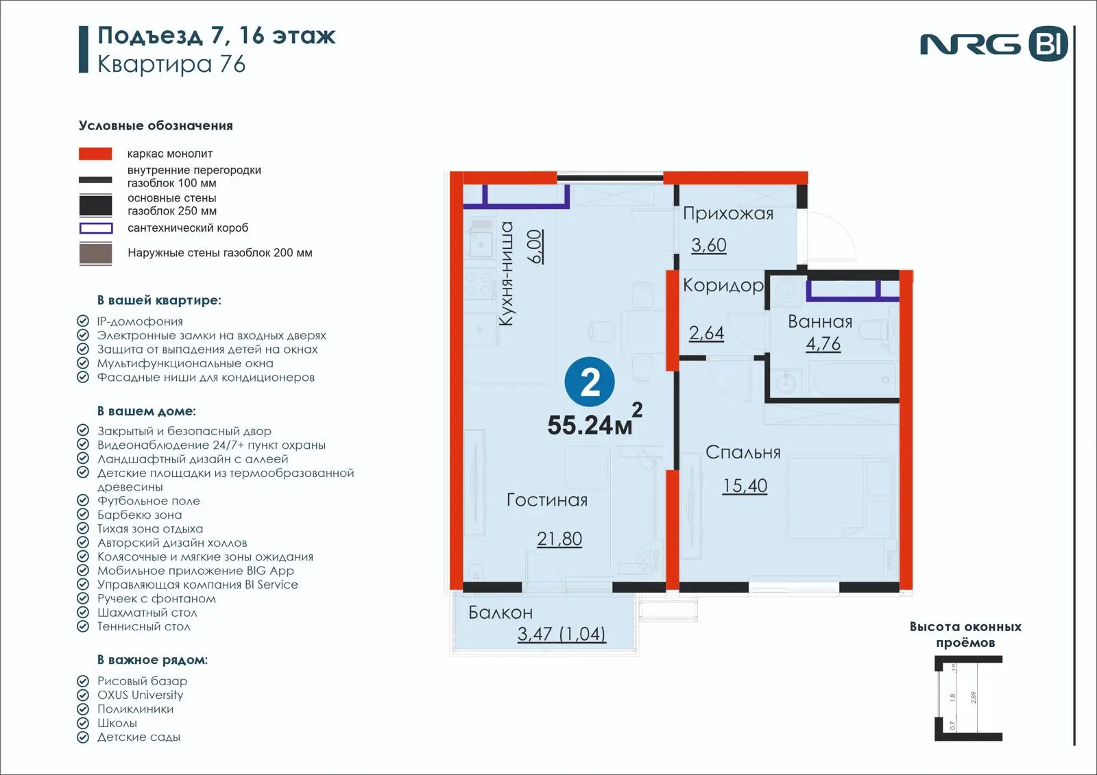 2-комнатная квартира, 55.2 м² — планировка