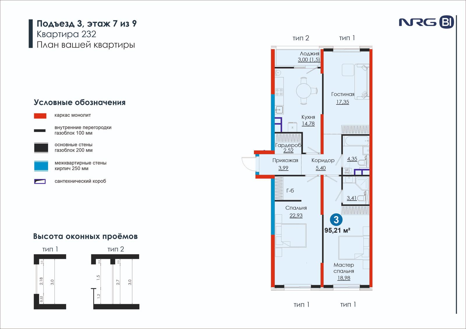 3 xonali kvartira, 95.2 m² — rejasi