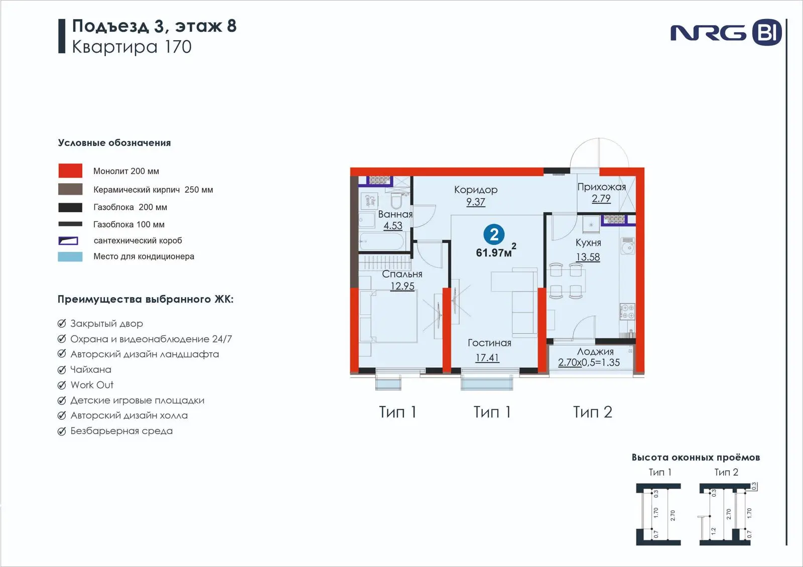 2-комнатная квартира, 62 м² — планировка