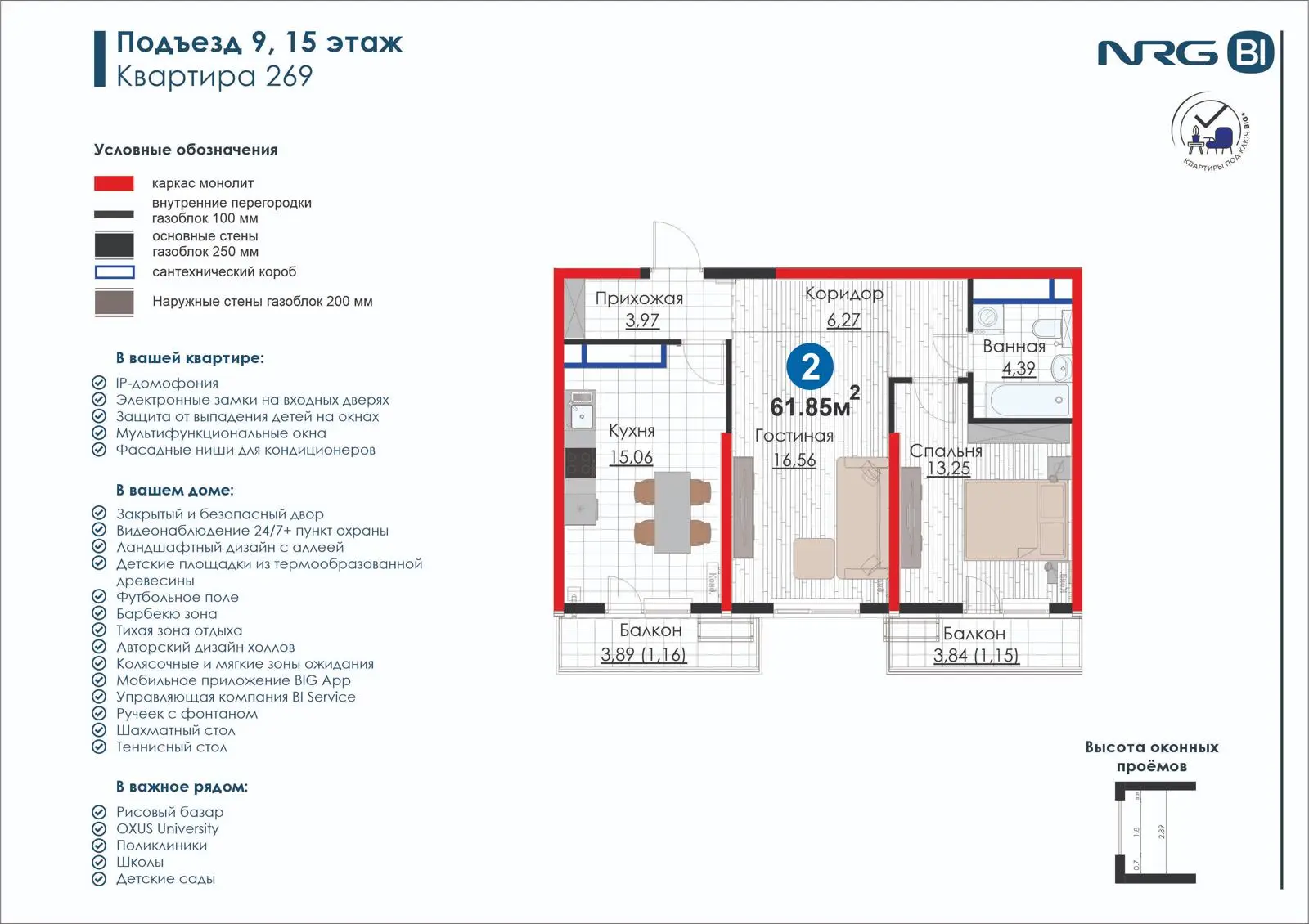 2-комнатная квартира, 61.8 м² — планировка