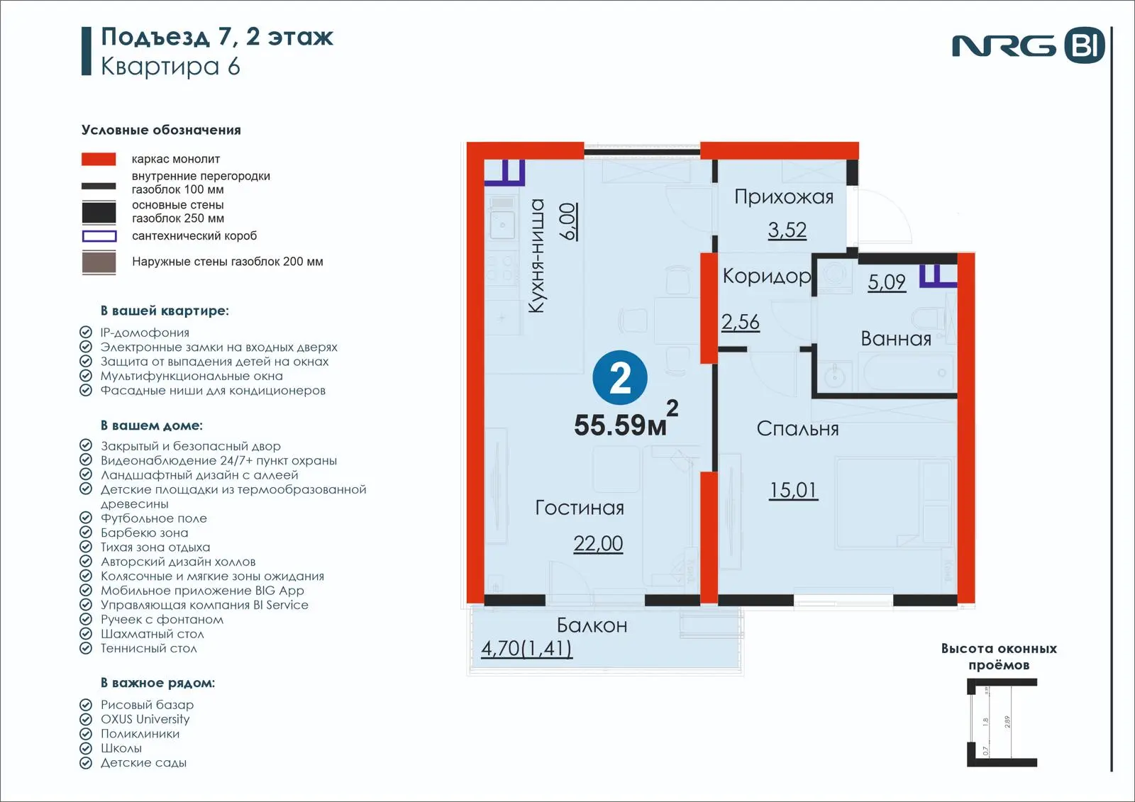 2-комнатная квартира, 55.6 м² — планировка